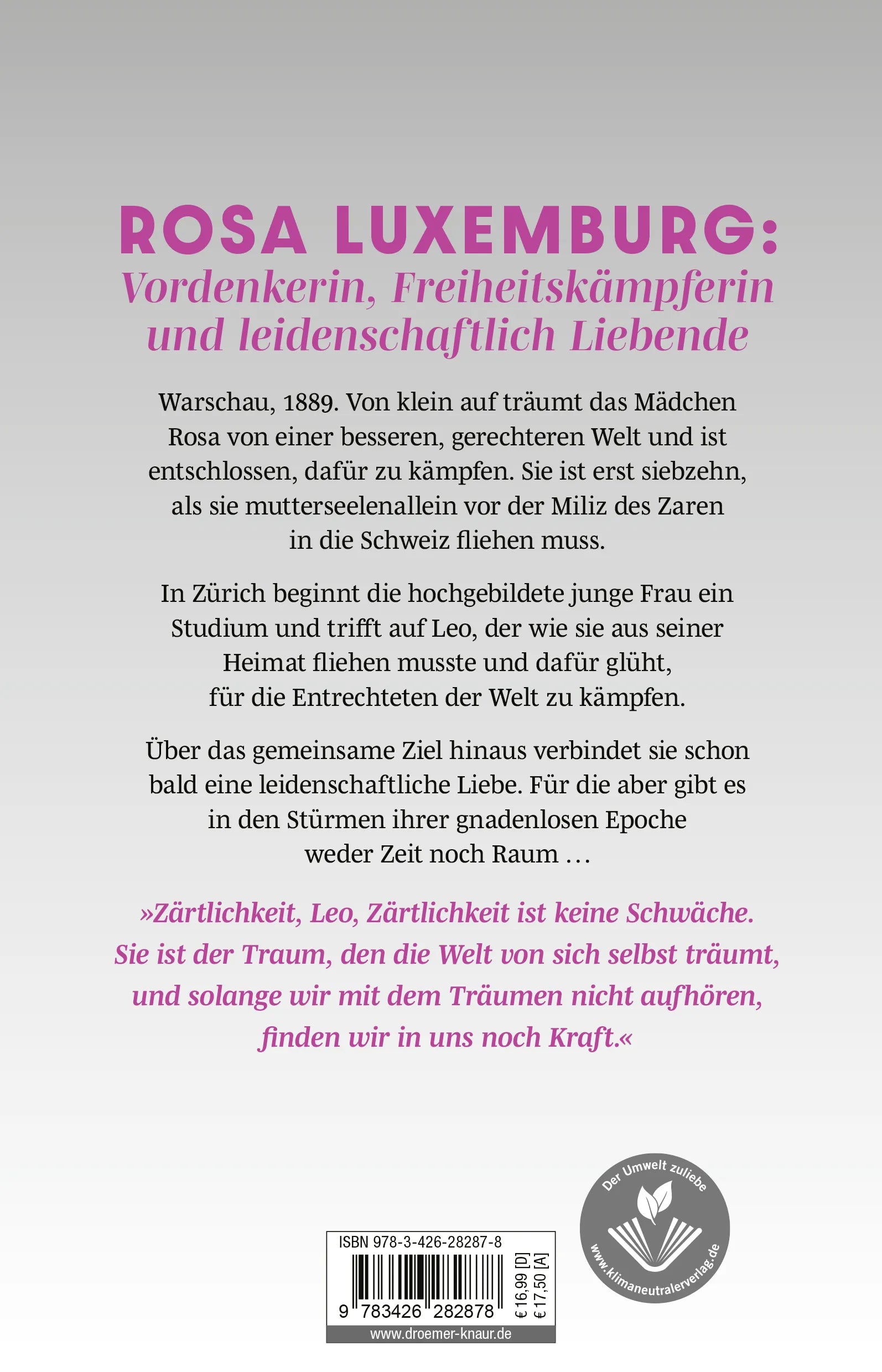Buchrückseite von 'Rosa und Leo' mit Klappentext - Paperback