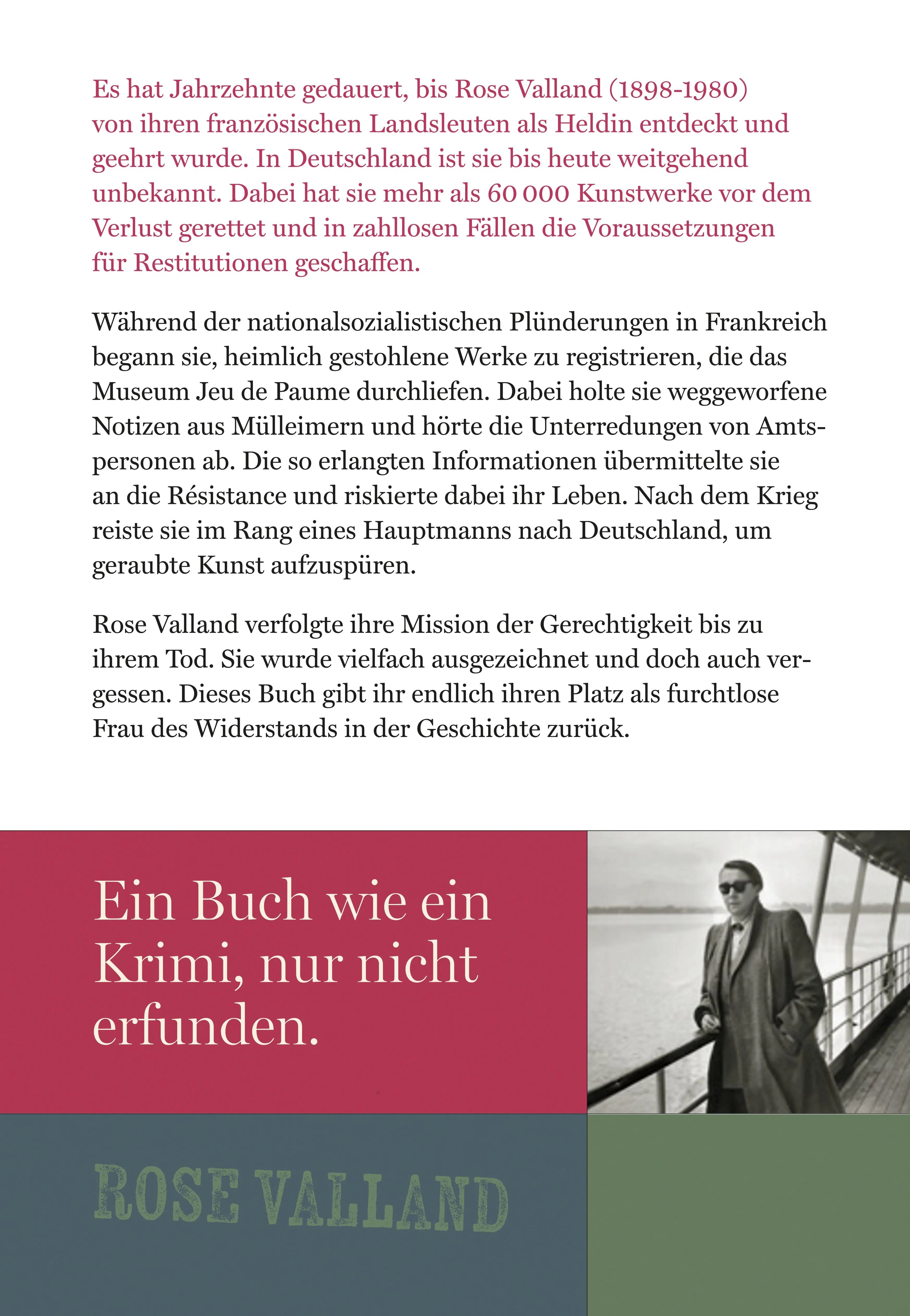 Buchrückseite von 'Rose Valland und die Liebe zur Kunst' mit Klappentext - Gebundene Ausgabe