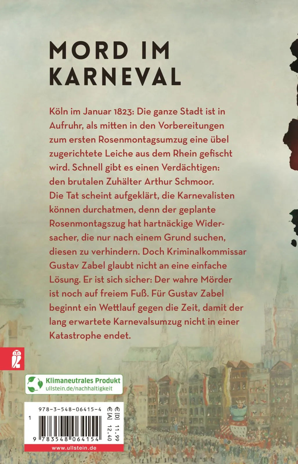 Buchrückseite von 'Rosenmontag' mit Klappentext - Taschenbuch