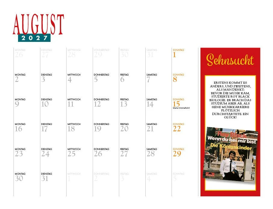 Roy Black Kalender 2027 – Ansicht