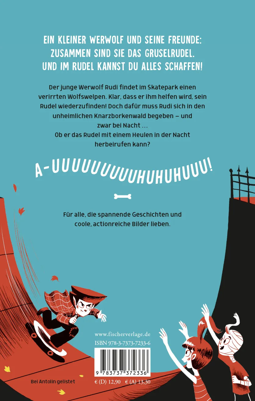 Buchrückseite von 'Rudi und das Gruselrudel − Rettung für den Wolf' mit Klappentext - Gebundene Ausgabe