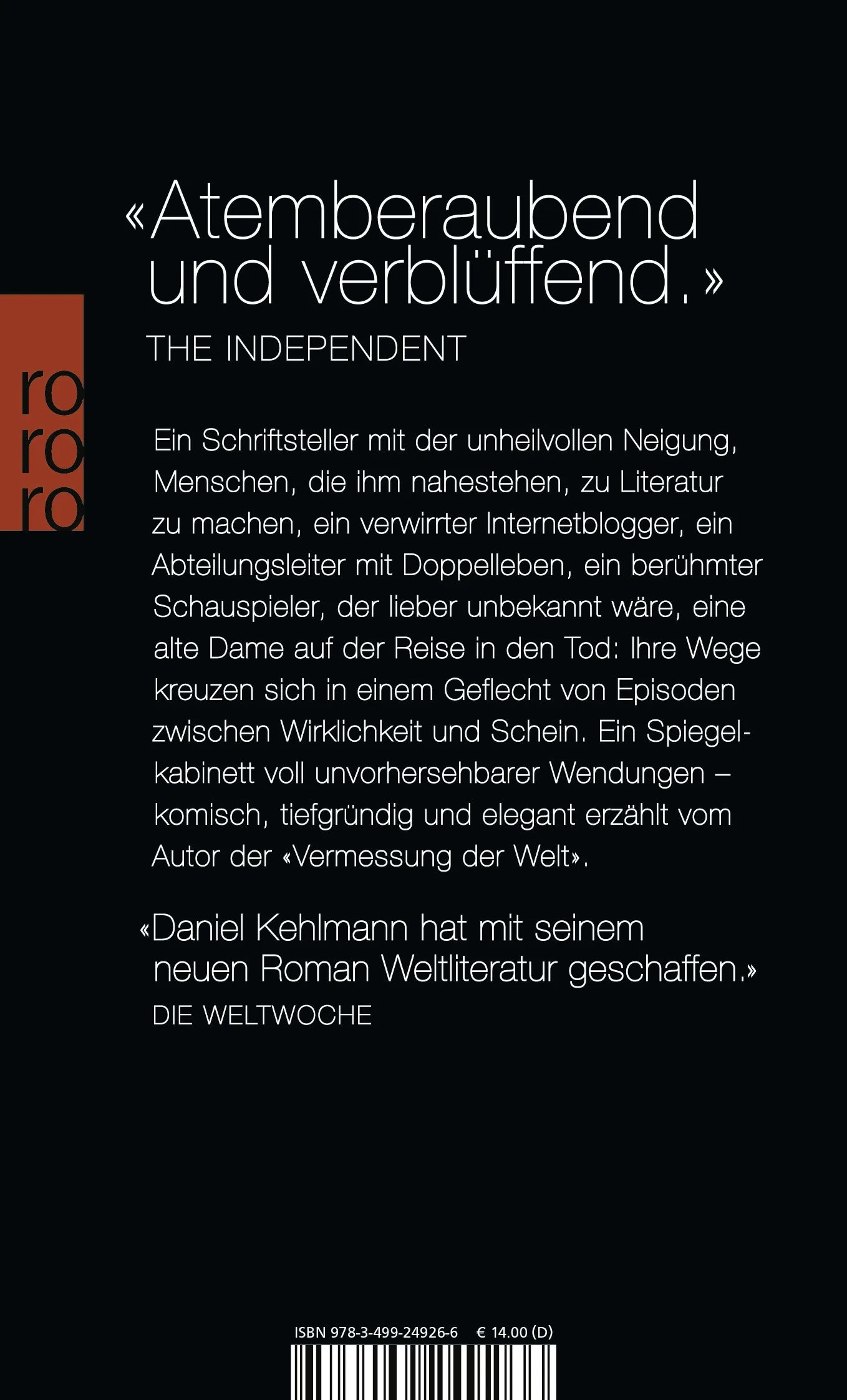 Buchrückseite von 'Ruhm' mit Klappentext - Taschenbuch