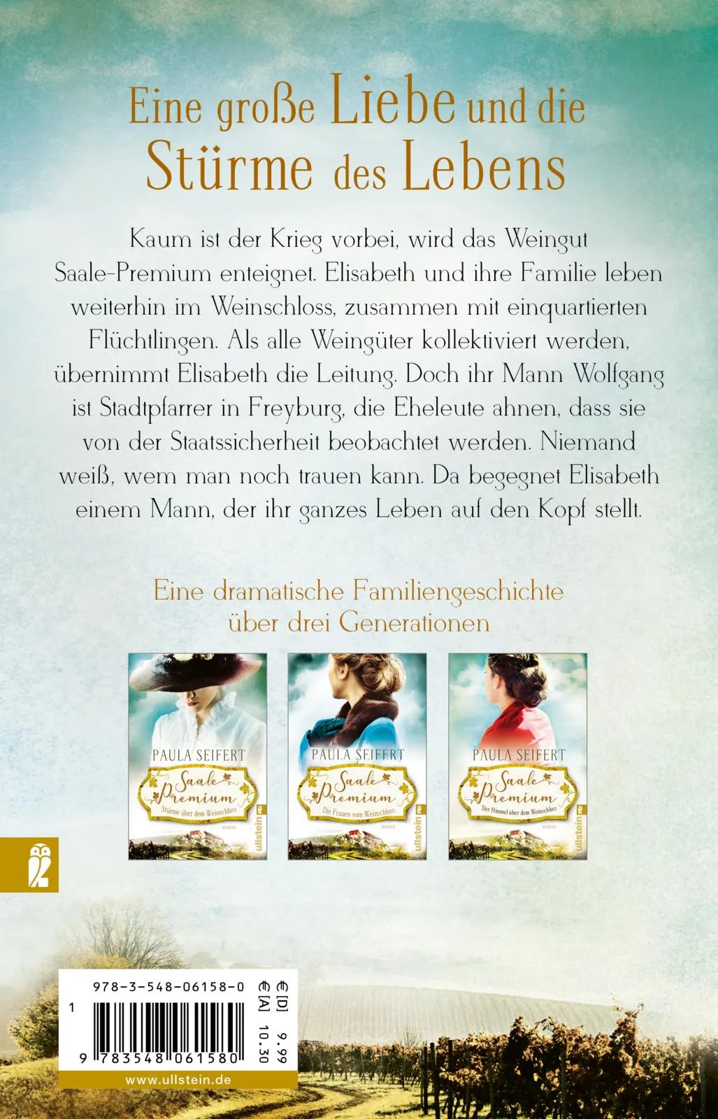 Buchrückseite von 'Saale Premium - Der Himmel über dem Weinschloss' mit Klappentext - Taschenbuch