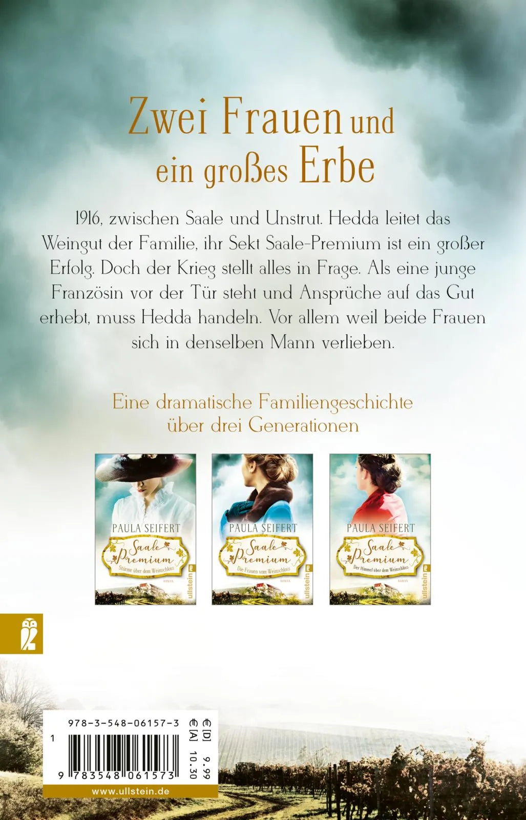Buchrückseite von 'Saale Premium - Die Frauen vom Weinschloss' mit Klappentext - Taschenbuch