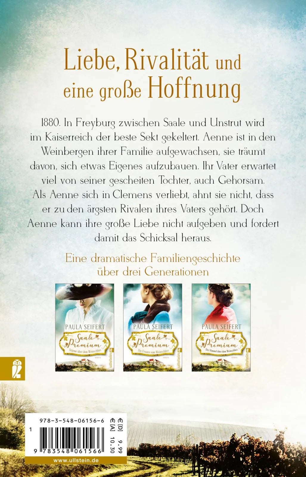 Buchrückseite von 'Saale Premium - Stürme über dem Weinschloss' mit Klappentext - Taschenbuch
