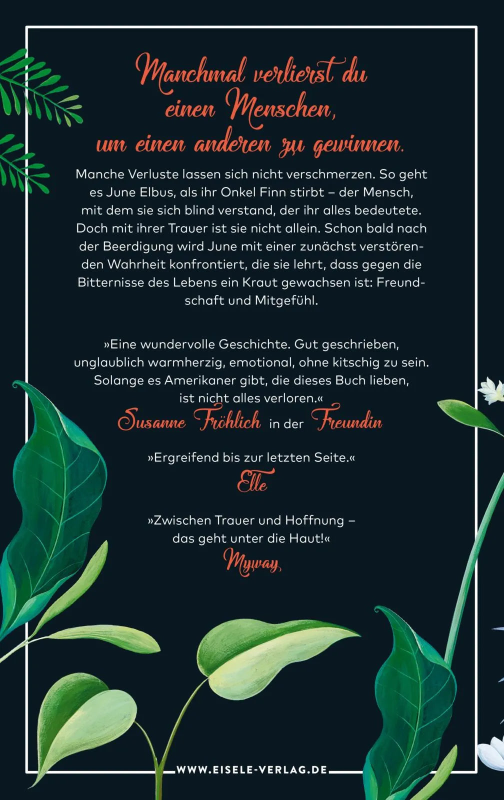 Buchrückseite von 'Sag den Wölfen, ich bin zu Hause' mit Klappentext - Gebundene Ausgabe
