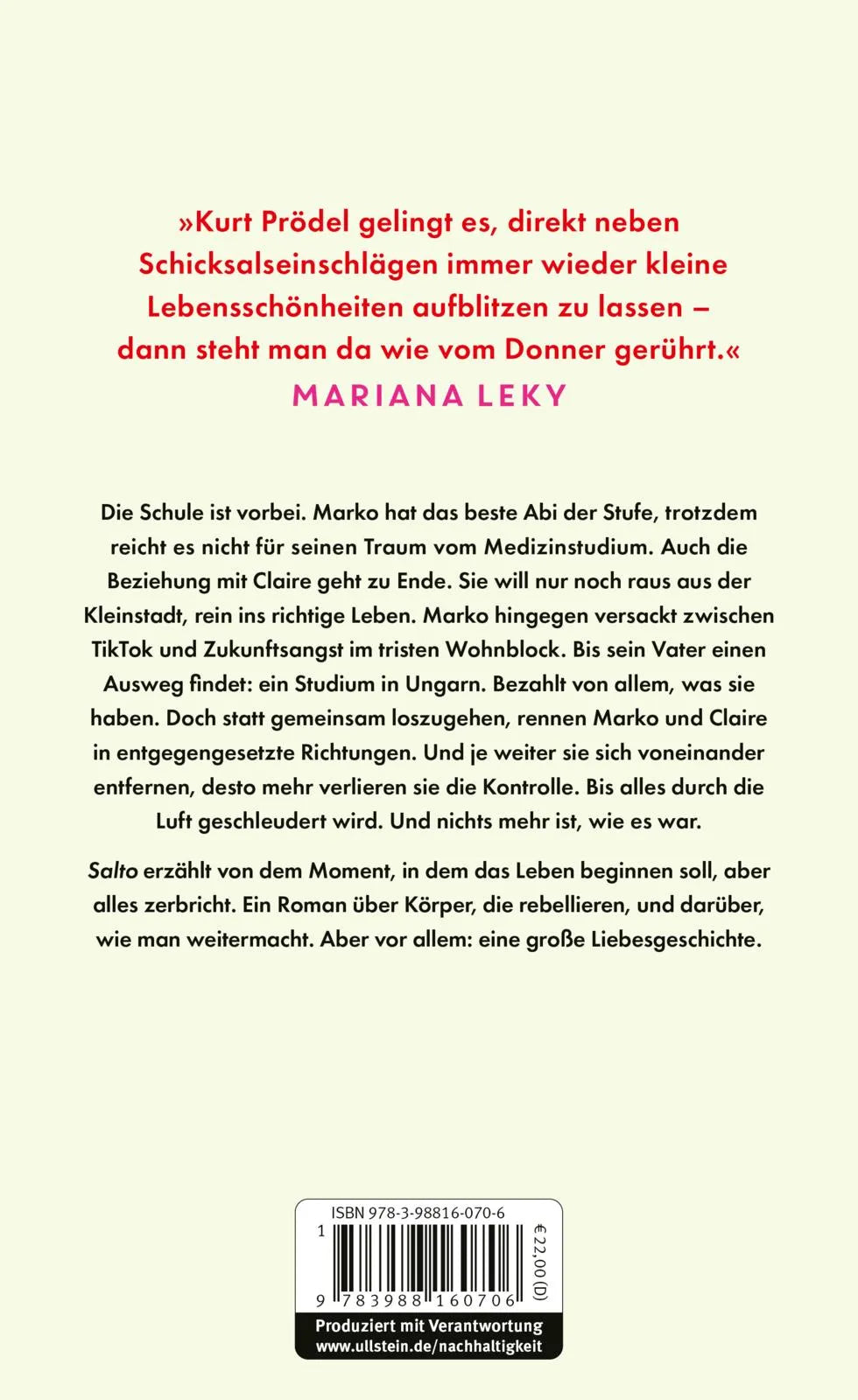 Buchrückseite von 'Salto' mit Klappentext - Gebundene Ausgabe