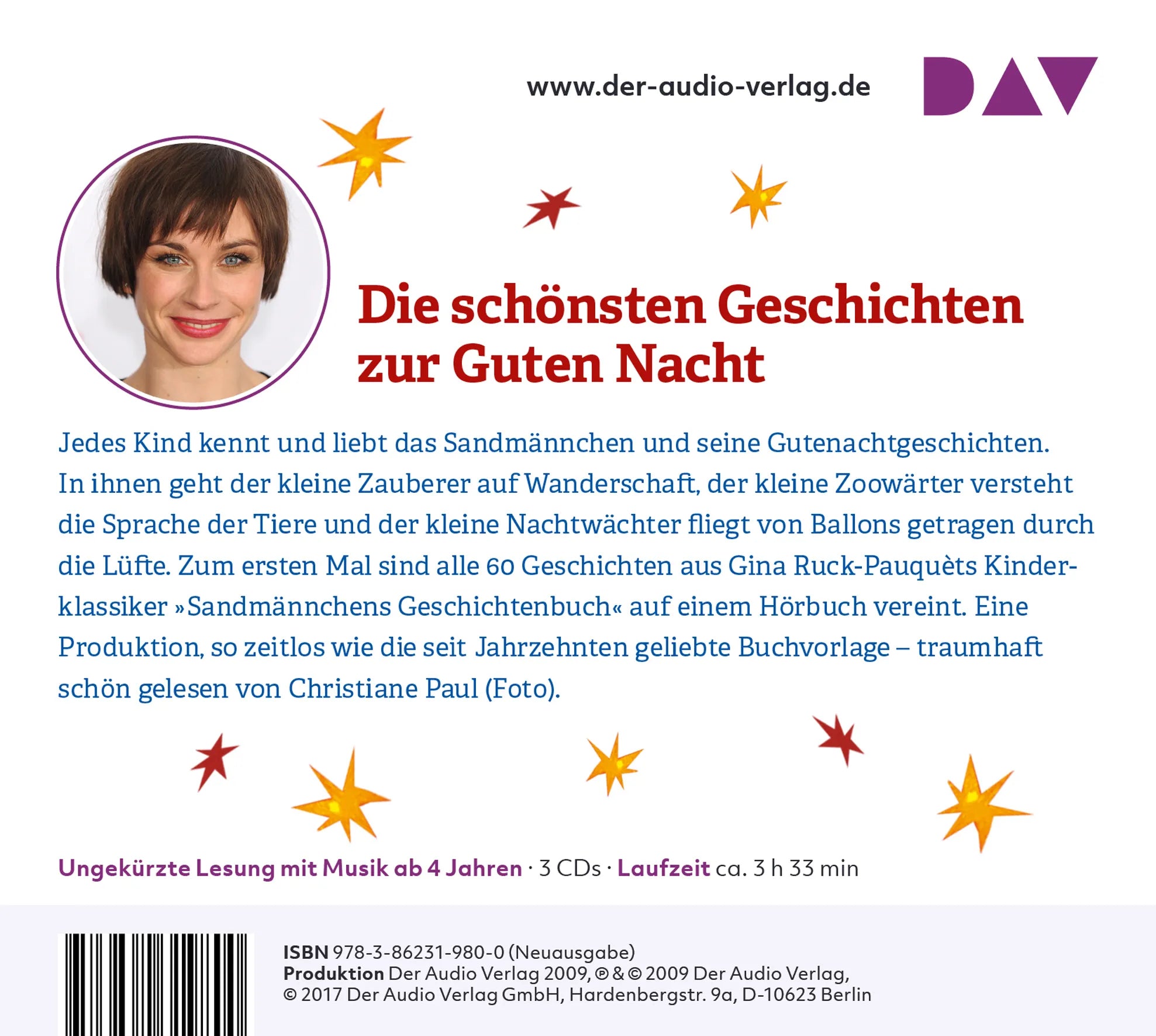 Buchrückseite von 'Sandmännchens Geschichtenbuch – Alle 60 Gutenachtgeschichten' mit Klappentext - Hörbuch (CD)