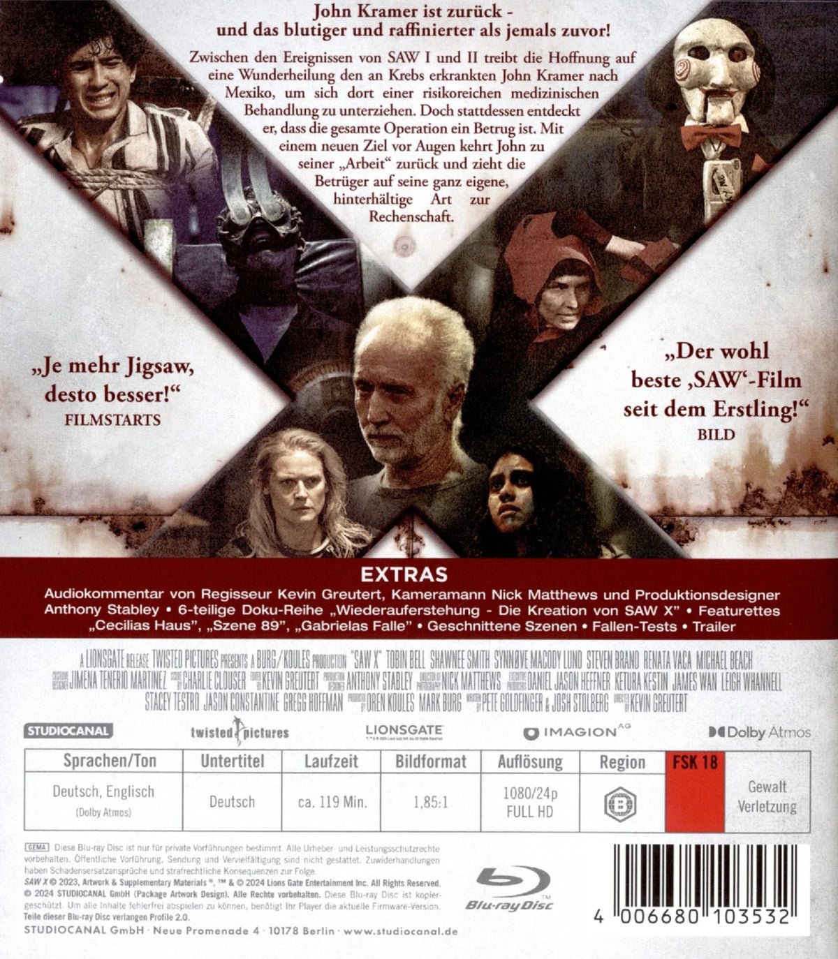 SAW X – Blu-ray, Rückseite mit Filminformationen und technischen Angaben