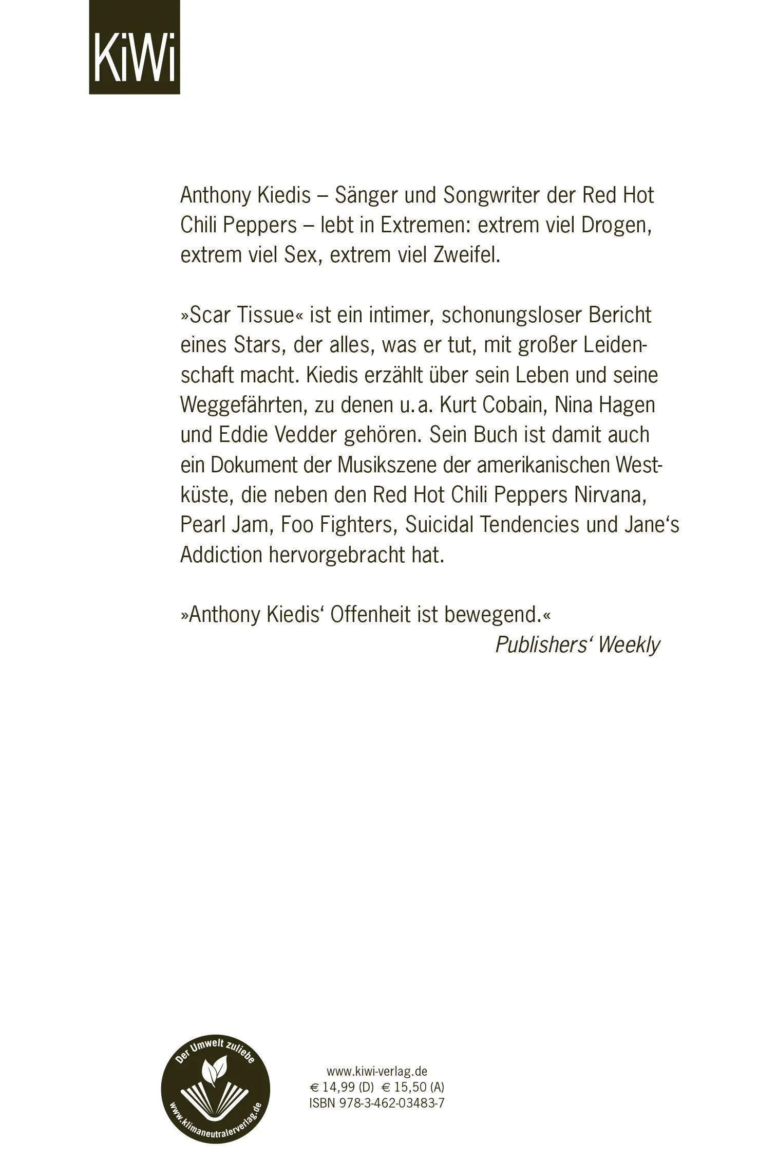 Buchrückseite von 'Scar Tissue' mit Klappentext - Taschenbuch