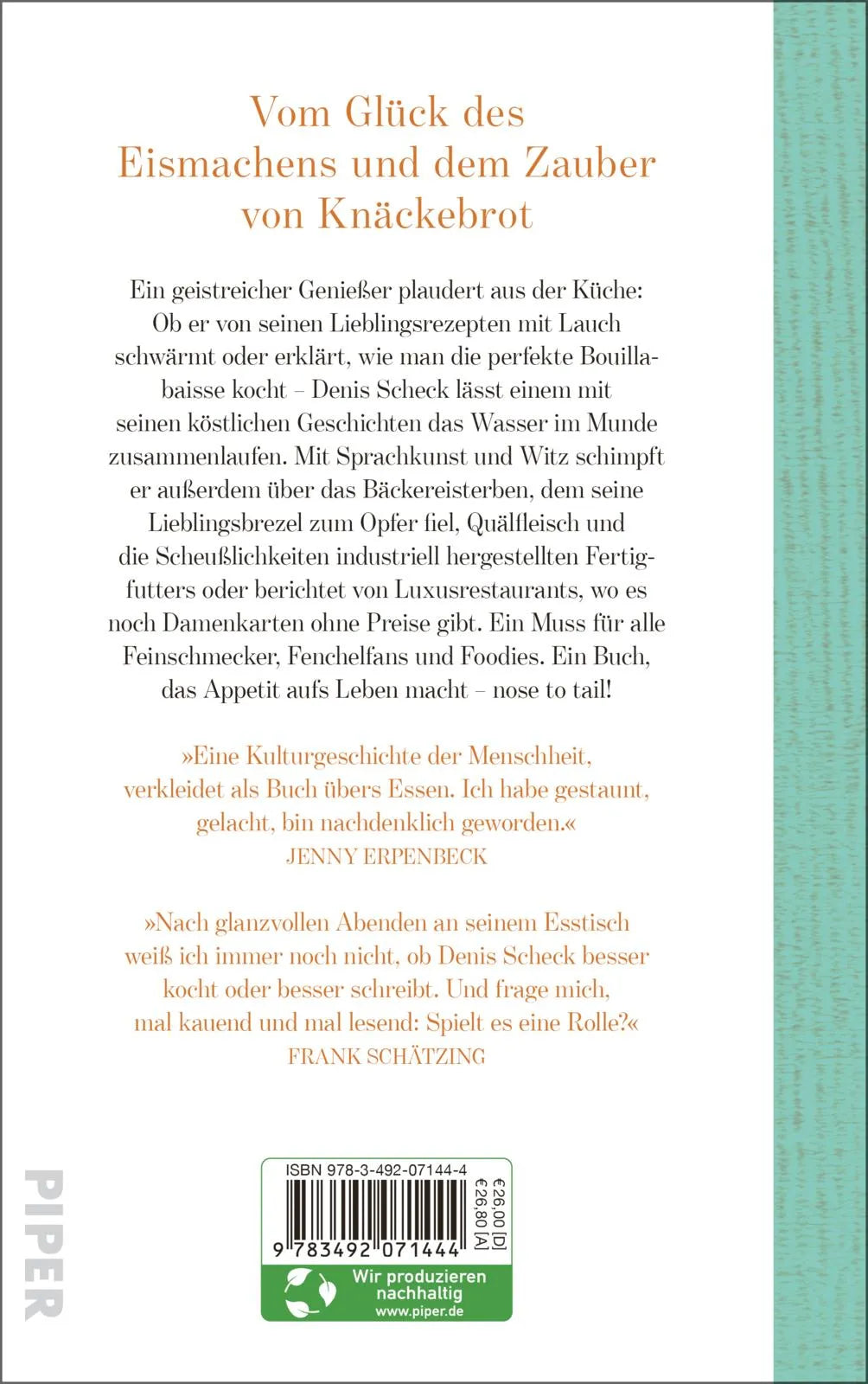 Buchrückseite von 'Schecks kulinarischer Kompass' mit Klappentext - Gebundene Ausgabe
