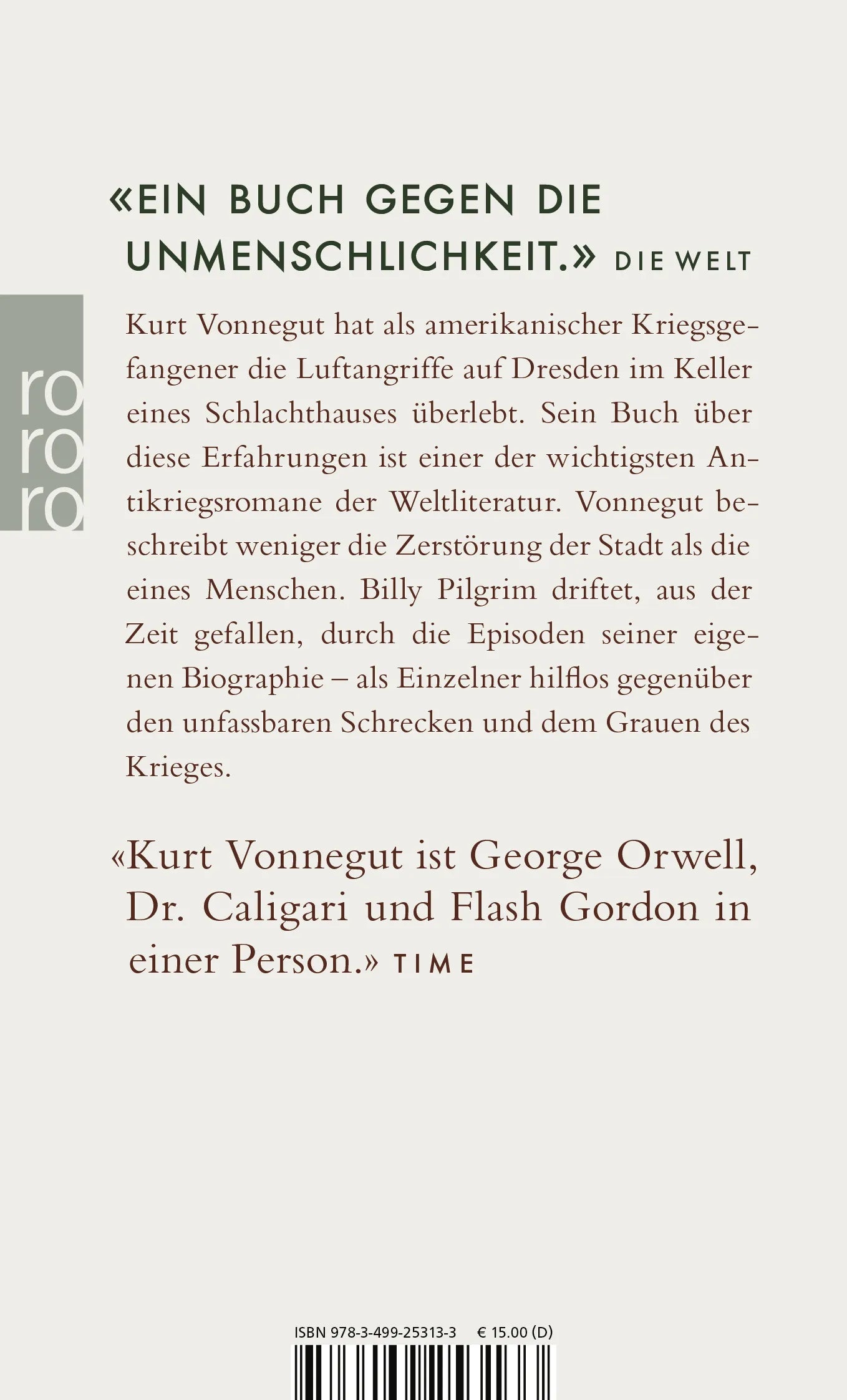 Buchrückseite von 'Schlachthof 5' mit Klappentext - Taschenbuch
