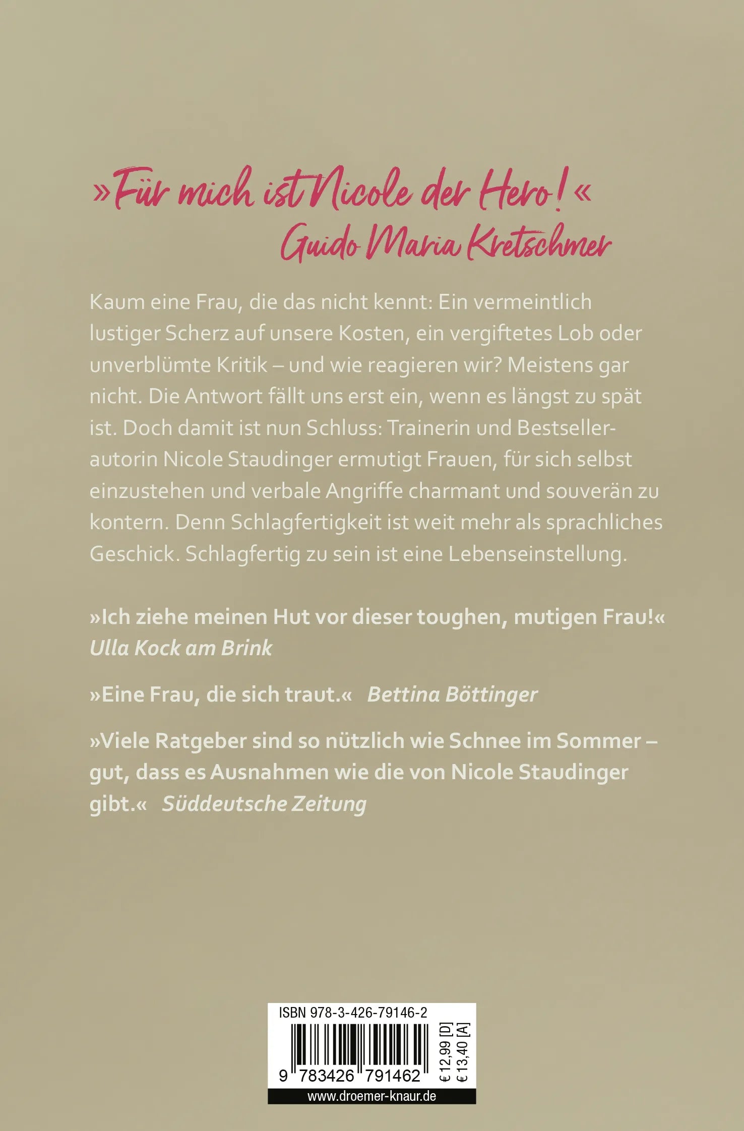 Buchrückseite von 'Schlagfertigkeitsqueen' mit Klappentext - Taschenbuch
