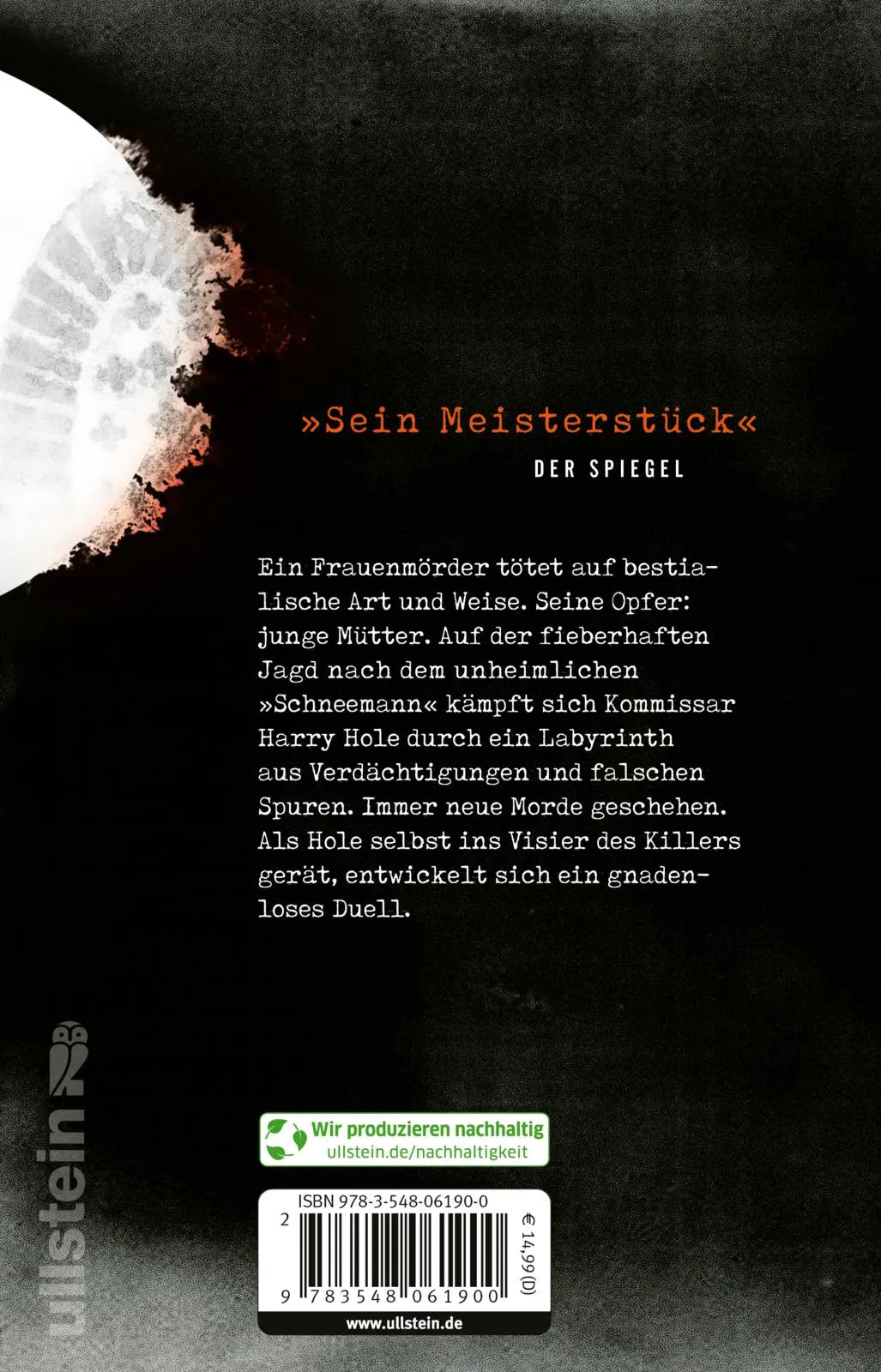 Buchrückseite von 'Schneemann' mit Klappentext - Taschenbuch