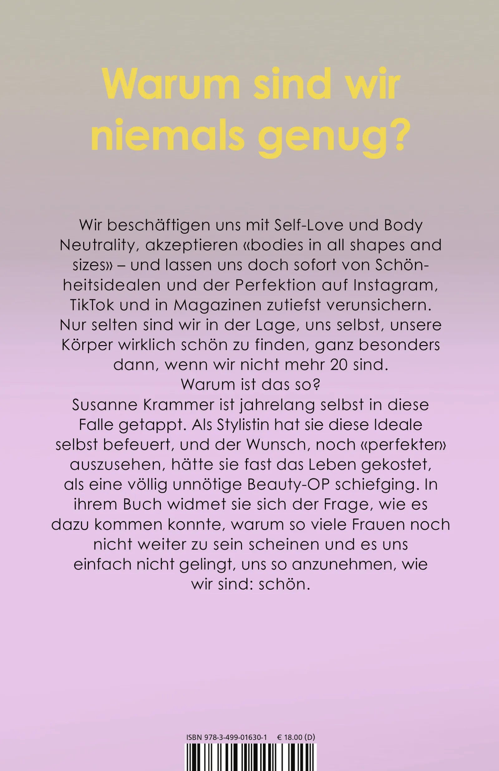 Buchrückseite von 'Schön genug!' mit Klappentext - Paperback