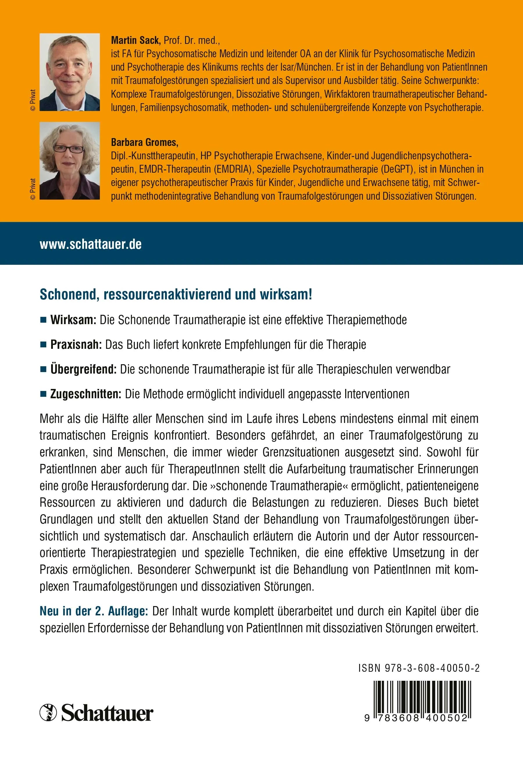 Buchrückseite von 'Schonende Traumatherapie' mit Klappentext - Paperback