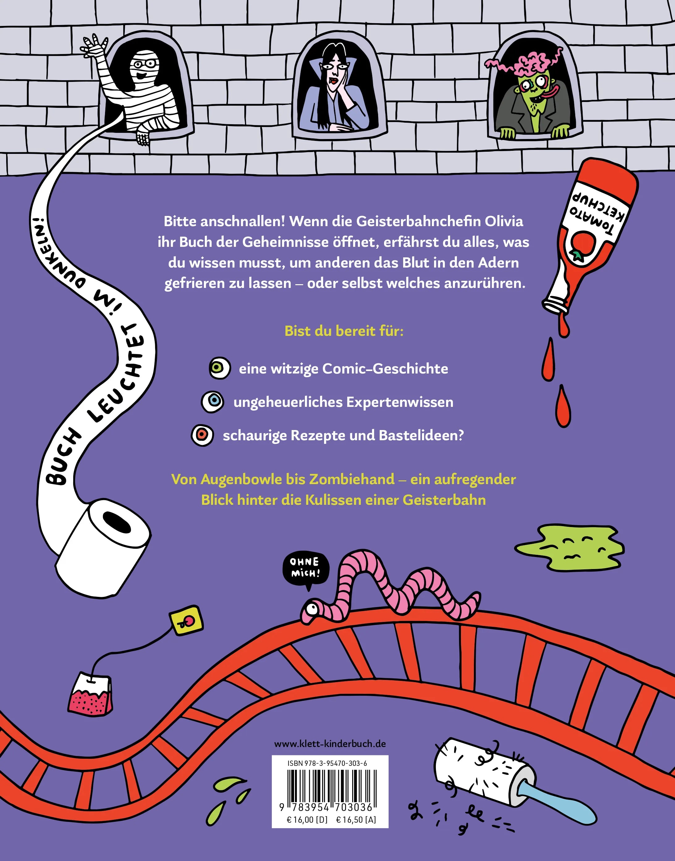 Buchrückseite von 'Schrecklich geheime Geisterbahn-Geheimnisse' mit Klappentext - Gebundene Ausgabe