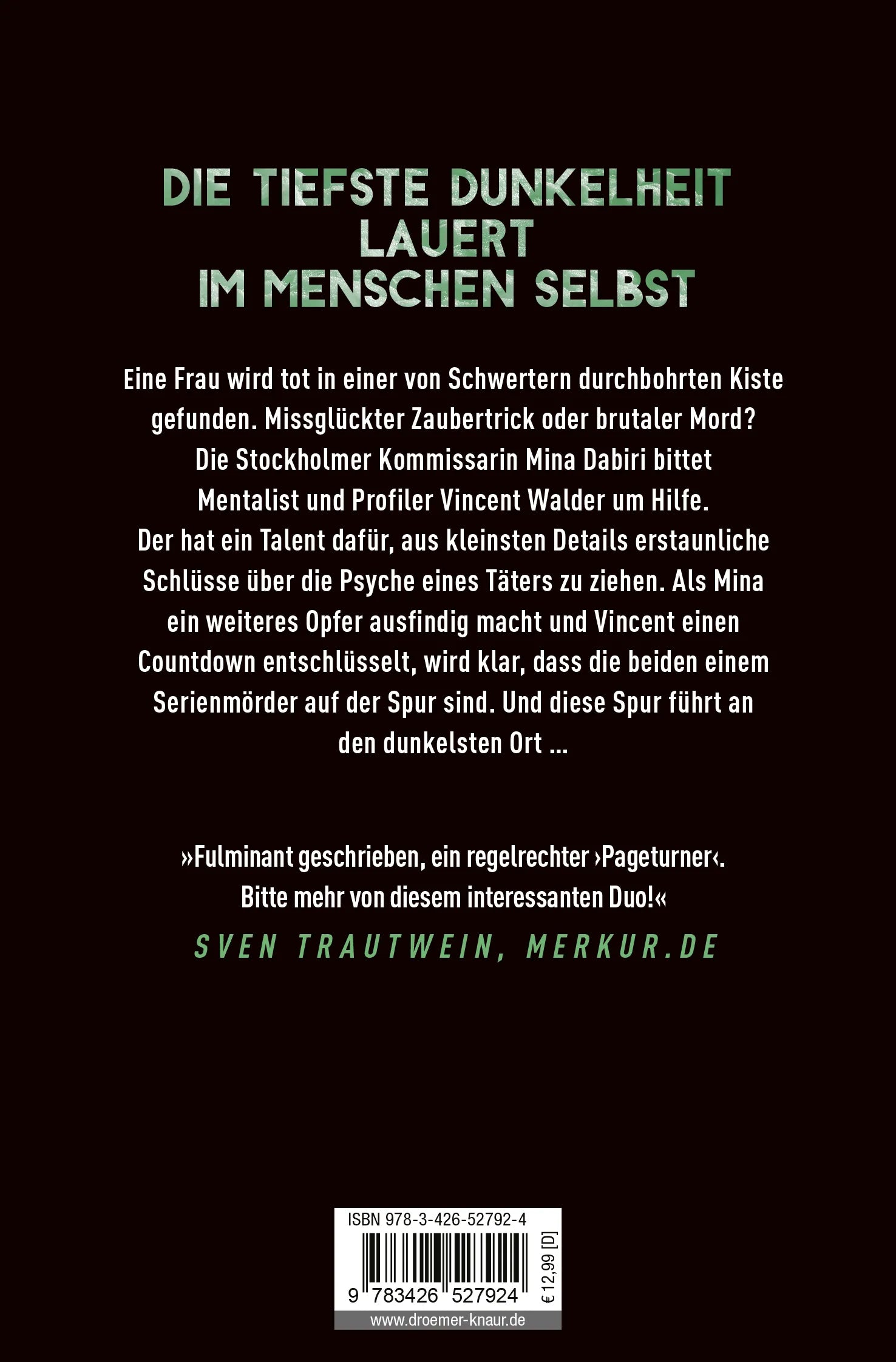 Buchrückseite von 'Schwarzlicht' mit Klappentext - Taschenbuch