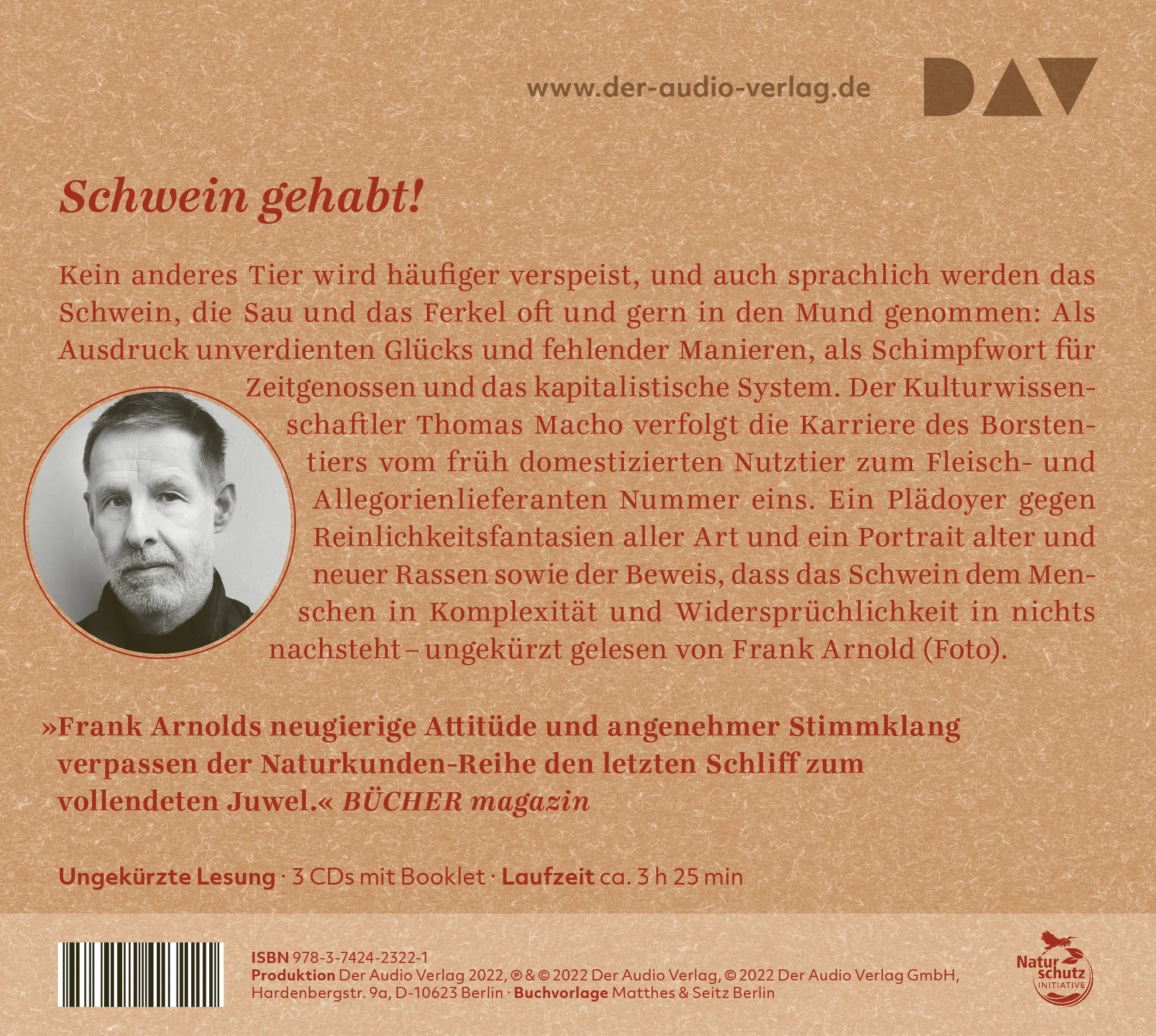 Buchrückseite von 'Schweine. Ein Portrait' mit Klappentext - Hörbuch (CD)
