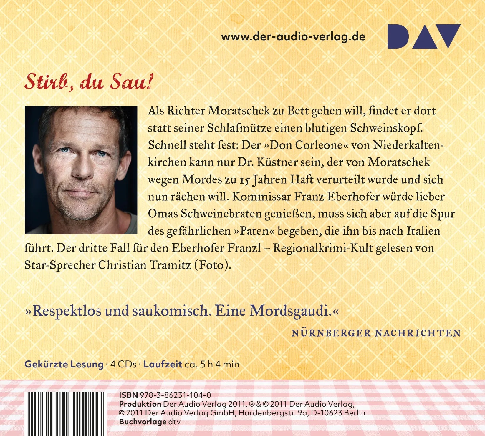 Buchrückseite von 'Schweinskopf al dente' mit Klappentext - Hörbuch (CD)
