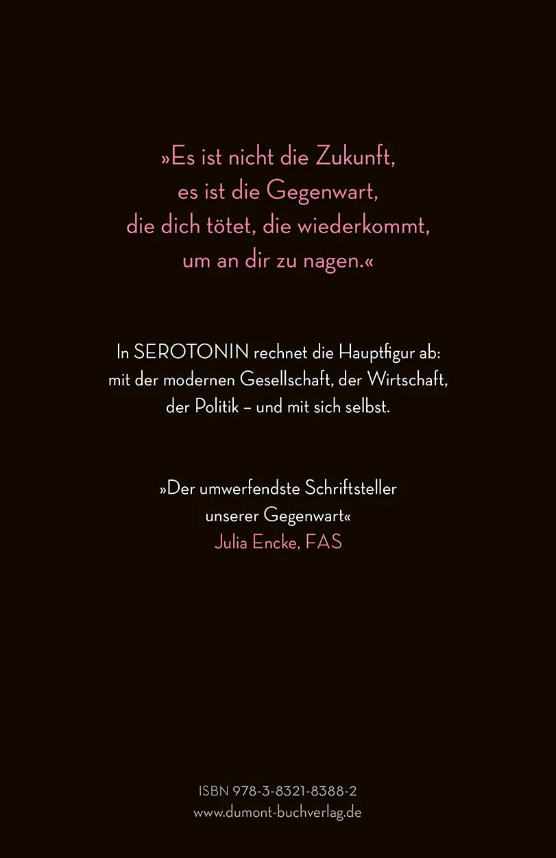 Buchrückseite von 'Serotonin' mit Klappentext - Gebundene Ausgabe