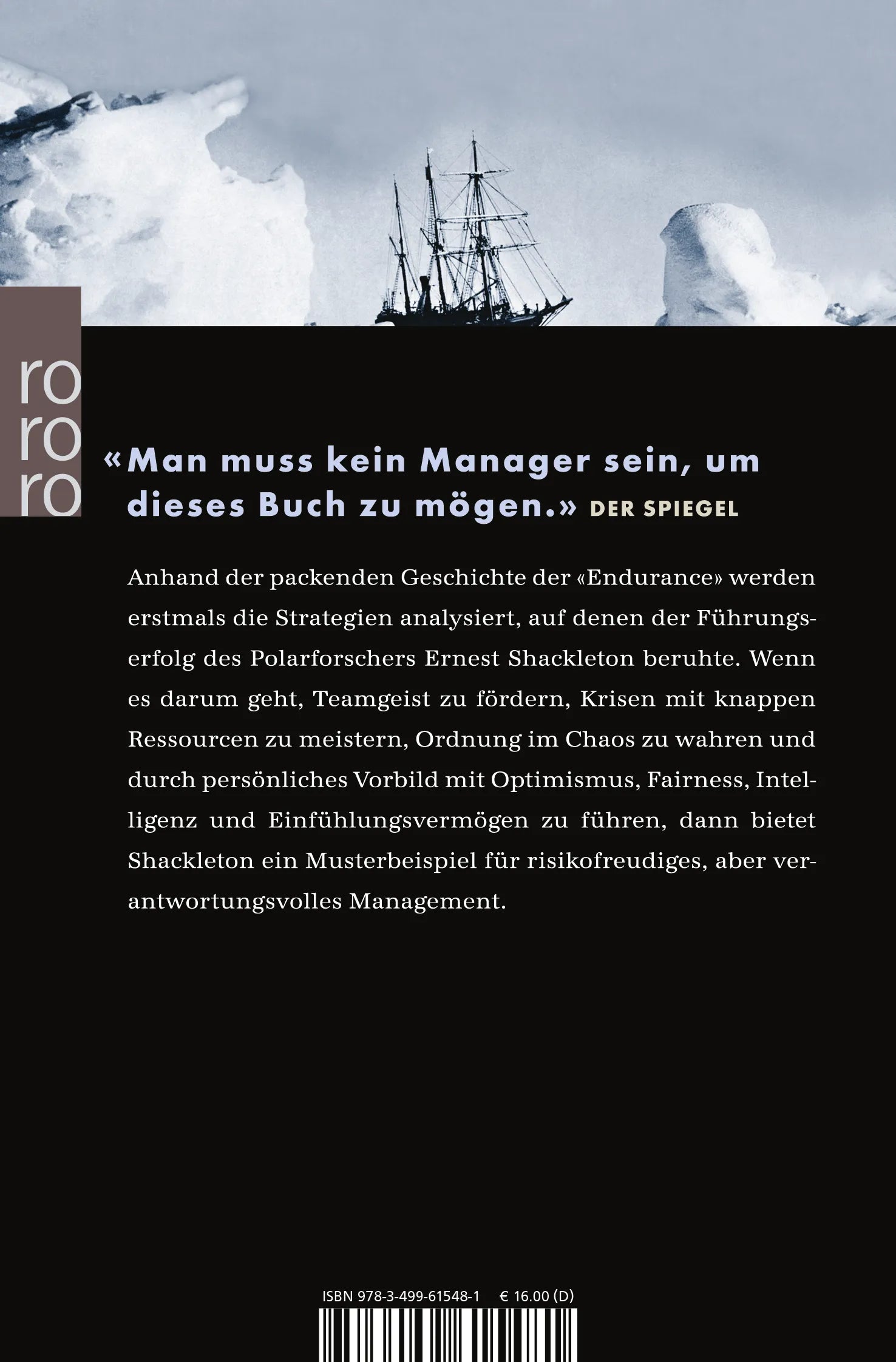 Buchrückseite von 'Shackletons Führungskunst' mit Klappentext - Taschenbuch