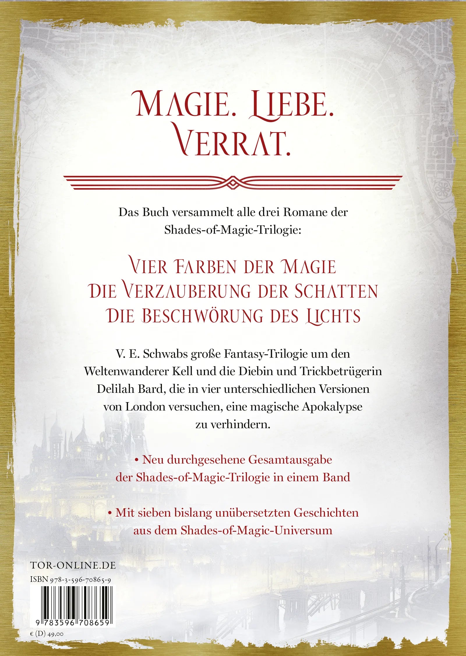 Buchrückseite von 'Shades of Magic' mit Klappentext - Gebundene Ausgabe