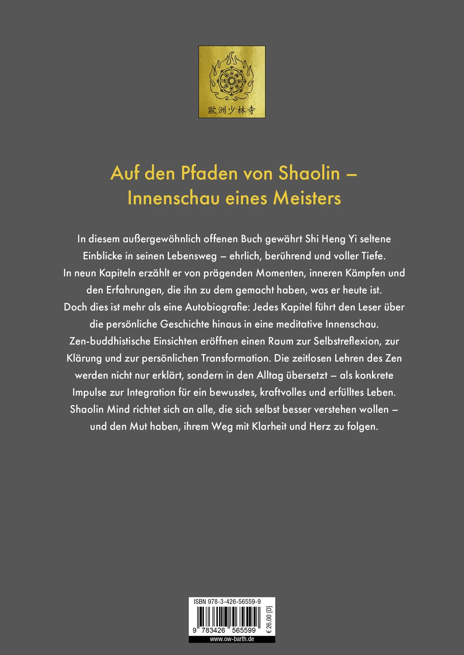 Buchrückseite von 'Shaolin Mind' mit Klappentext - Gebundene Ausgabe