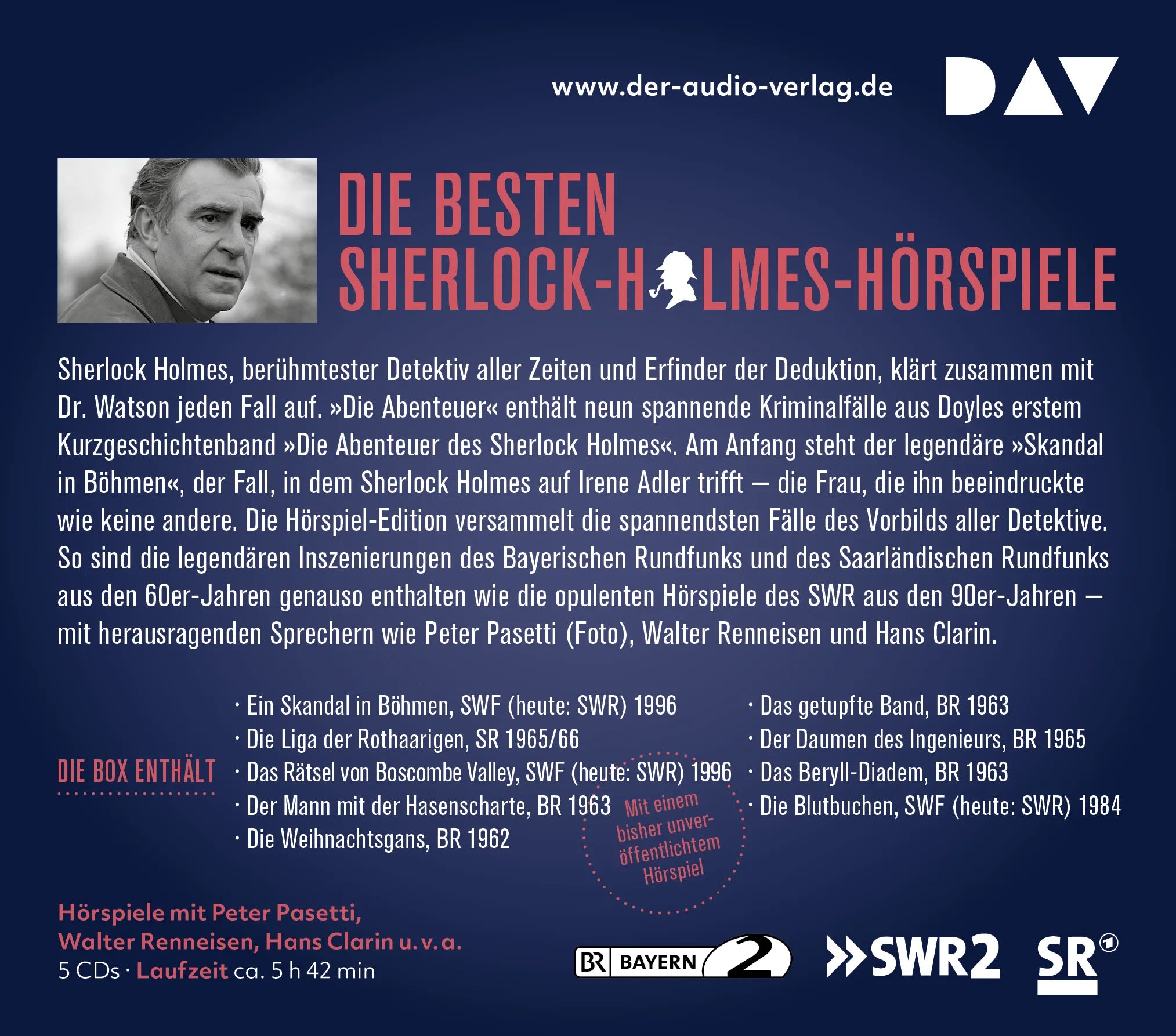 Buchrückseite von 'Sherlock Holmes 2 – Die Abenteuer' mit Klappentext - Hörbuch (CD)