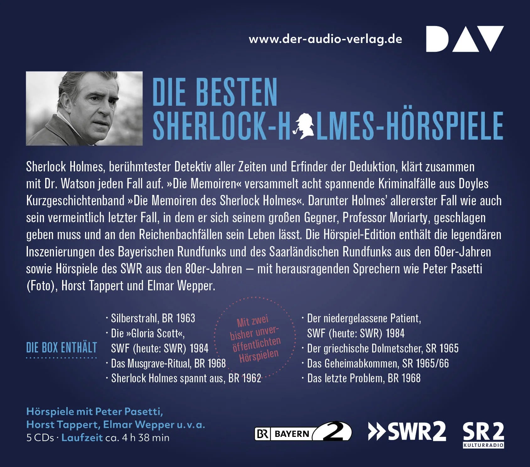 Buchrückseite von 'Sherlock Holmes 3 – Die Memoiren' mit Klappentext - Hörbuch (CD)