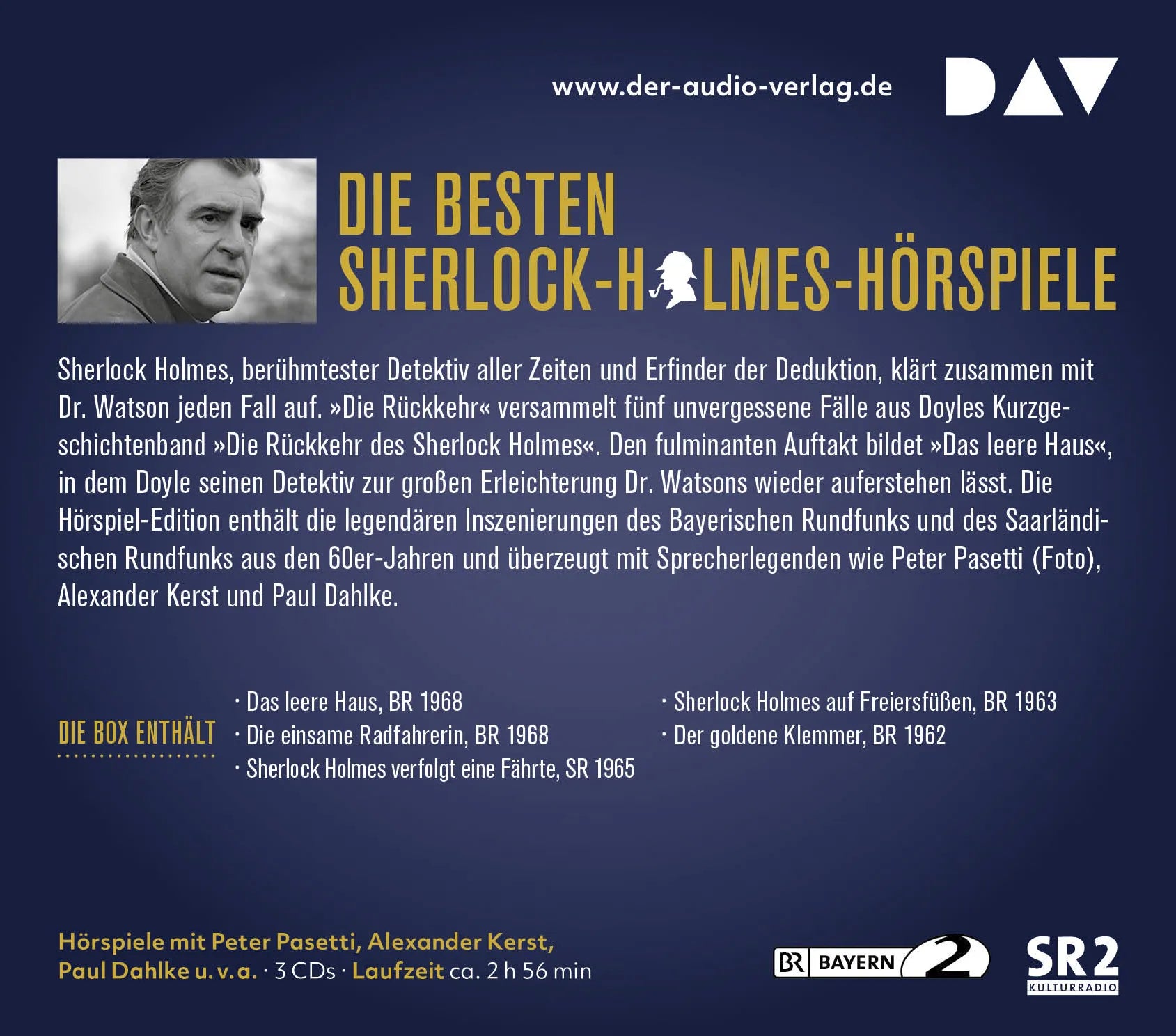 Buchrückseite von 'Sherlock Holmes 4 – Die Rückkehr' mit Klappentext - Hörbuch (CD)