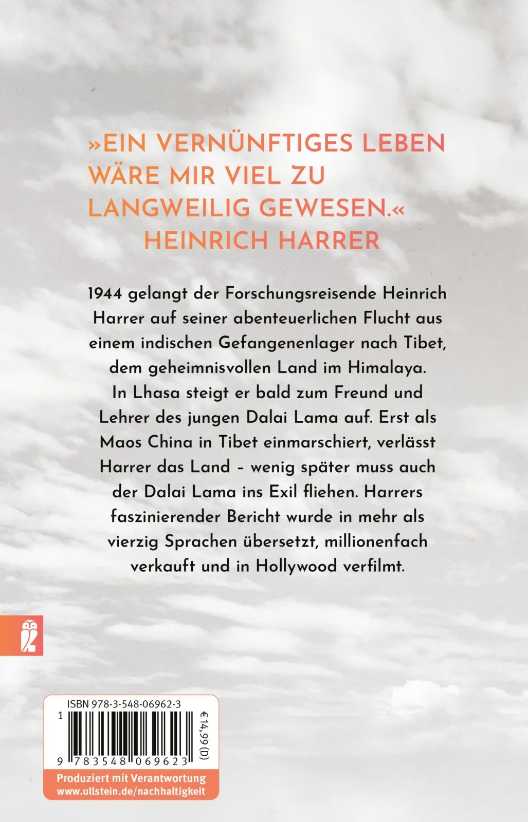 Buchrückseite von 'Sieben Jahre in Tibet' mit Klappentext - Taschenbuch