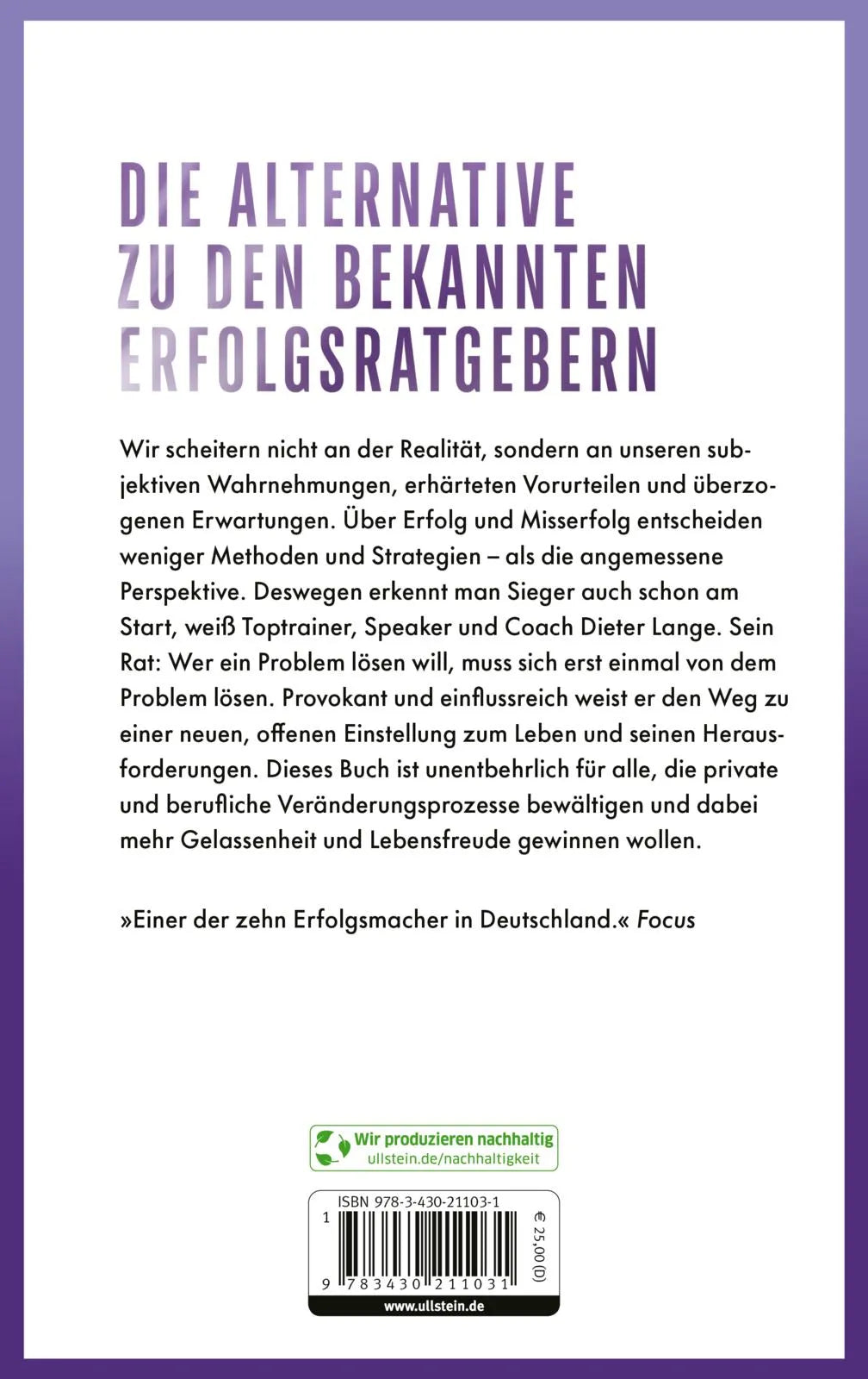 Buchrückseite von 'Sieger erkennt man am Start – Verlierer auch' mit Klappentext - Gebundene Ausgabe