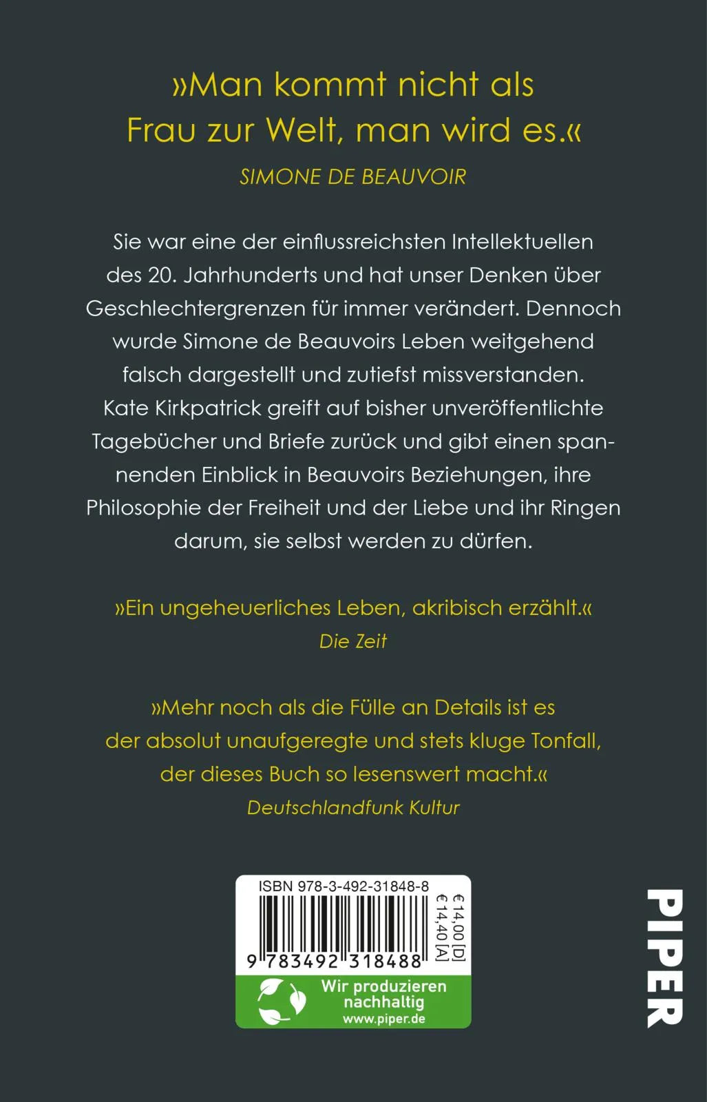 Buchrückseite von 'Simone de Beauvoir' mit Klappentext - Taschenbuch
