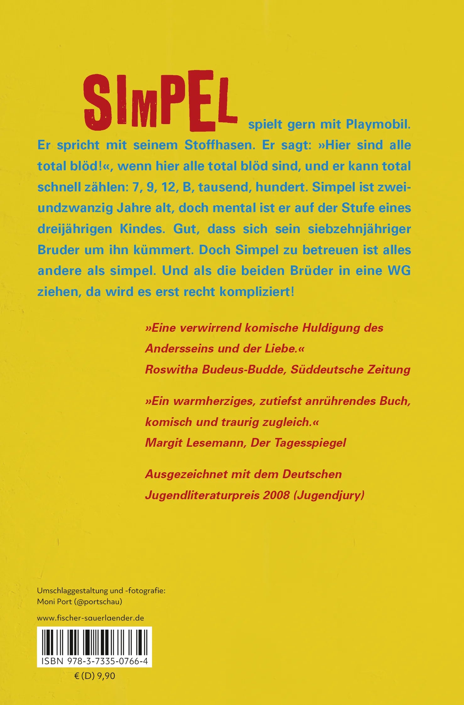 Buchrückseite von 'Simpel' mit Klappentext - Taschenbuch