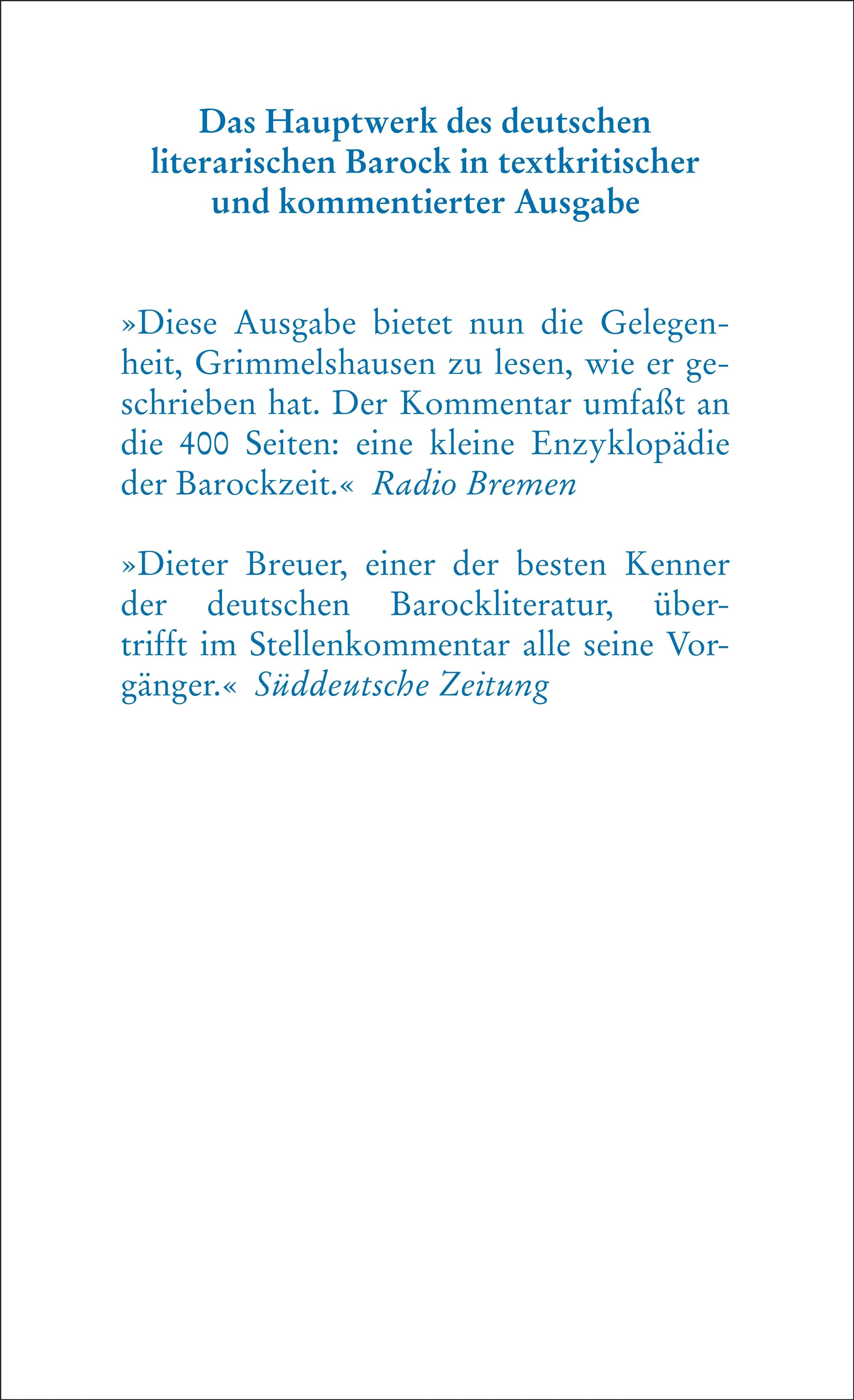 Buchrückseite von 'Simplicissimus Teutsch' mit Klappentext - Taschenbuch
