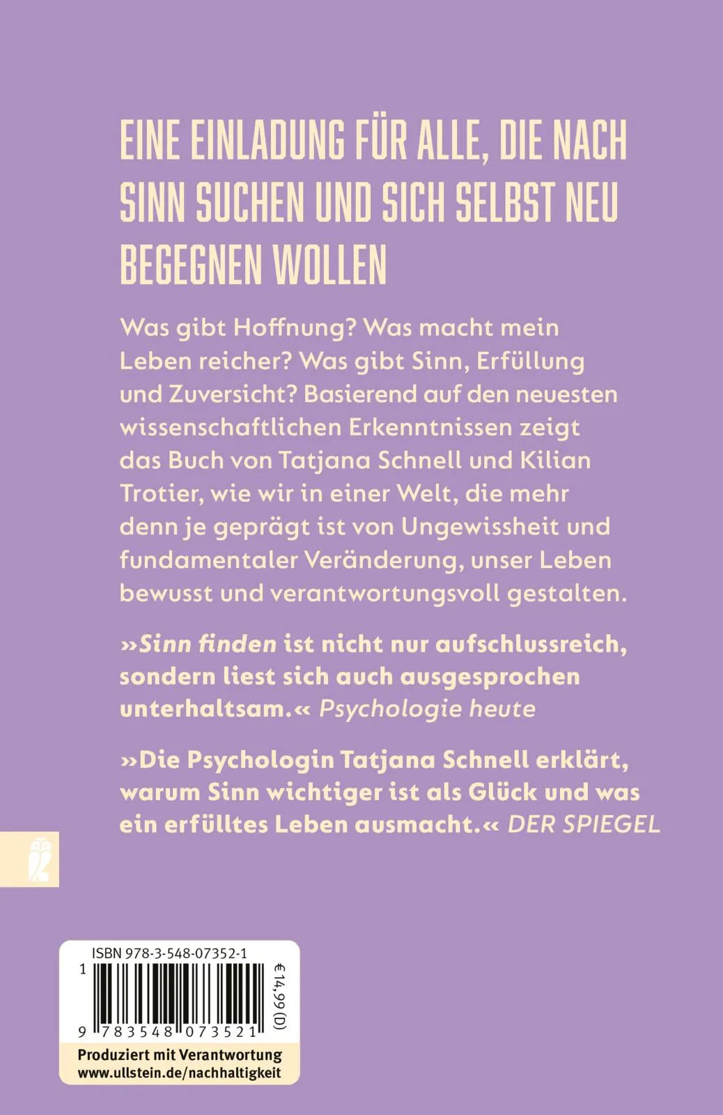 Buchrückseite von 'Sinn finden' mit Klappentext - Taschenbuch