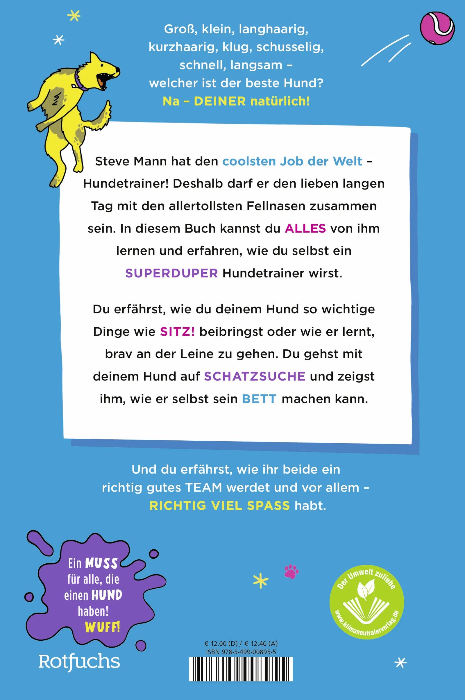 Buchrückseite von 'Sitz, Platz, Brav!' mit Klappentext - Gebundene Ausgabe