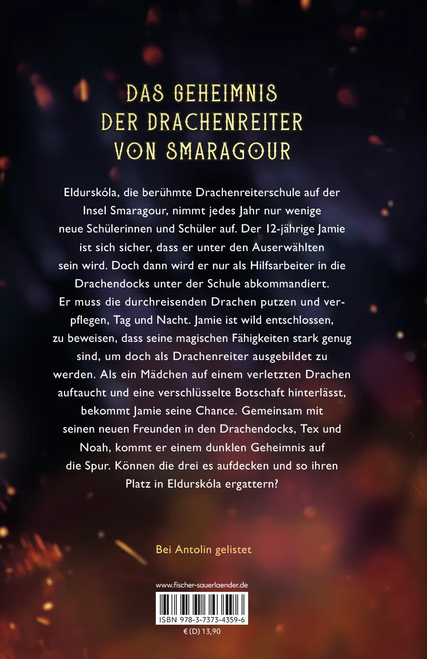 Buchrückseite von 'Smaragour – Die Dracheninsel' mit Klappentext - Gebundene Ausgabe