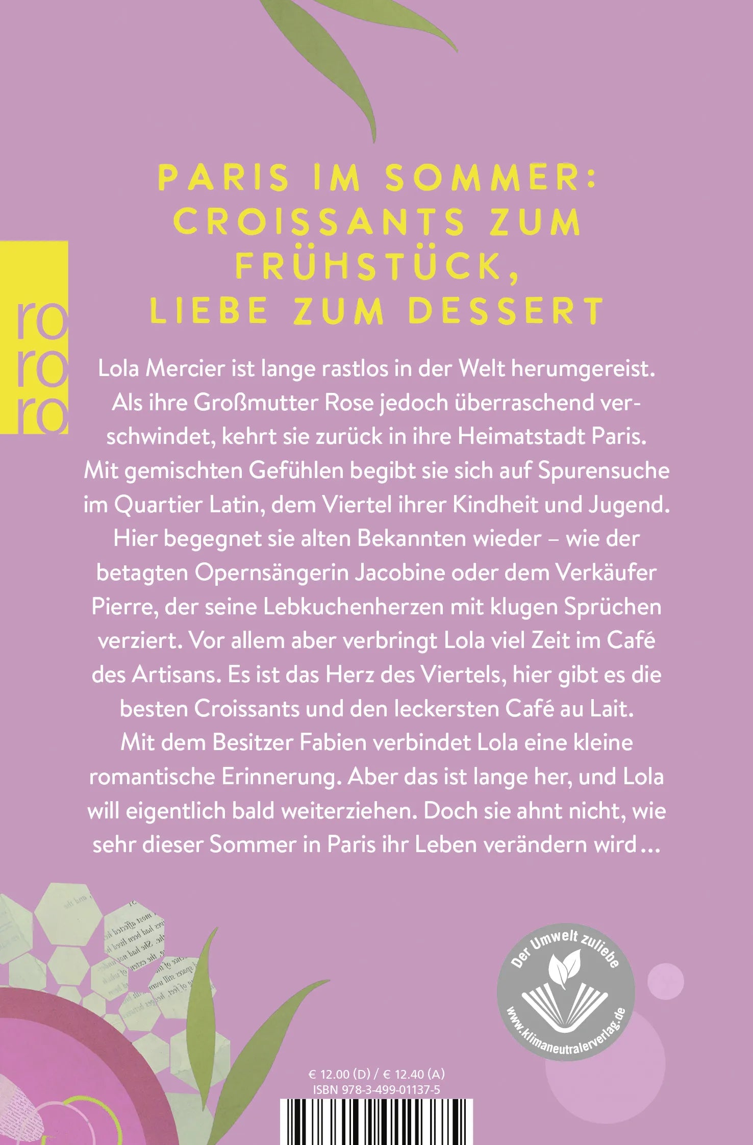 Buchrückseite von 'Sommertage im Quartier Latin' mit Klappentext - Taschenbuch
