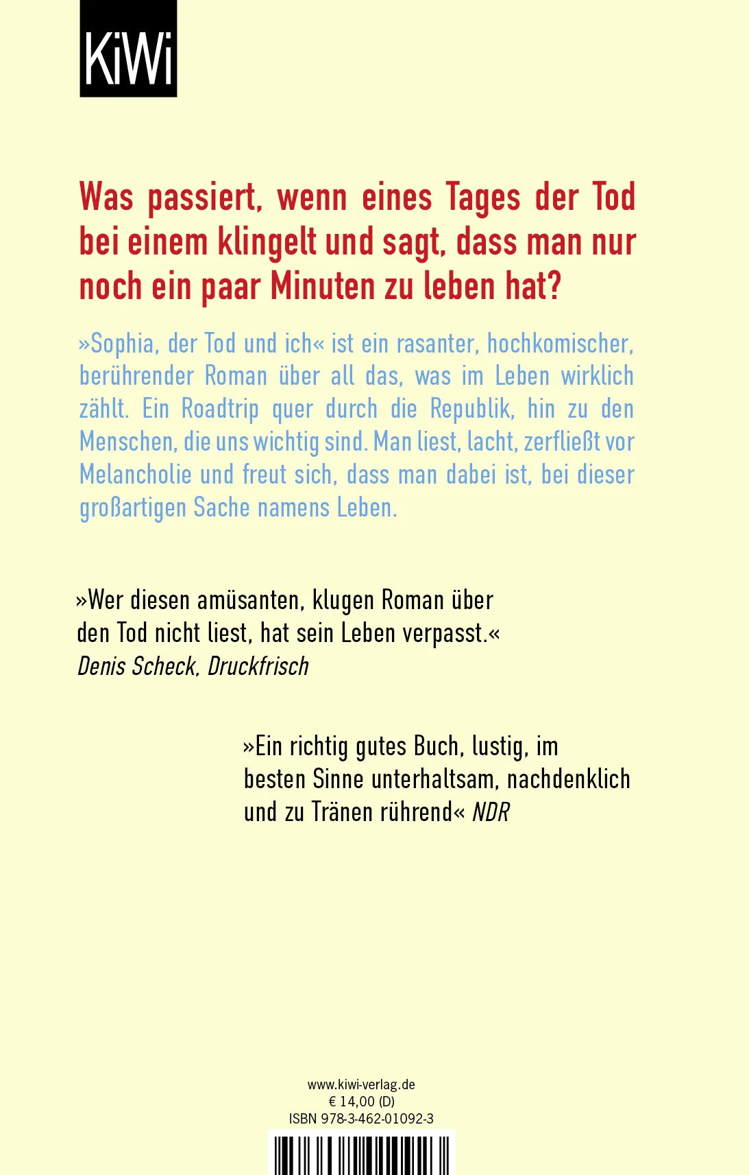 Buchrückseite von 'Sophia, der Tod und ich' mit Klappentext - Gebundene Ausgabe