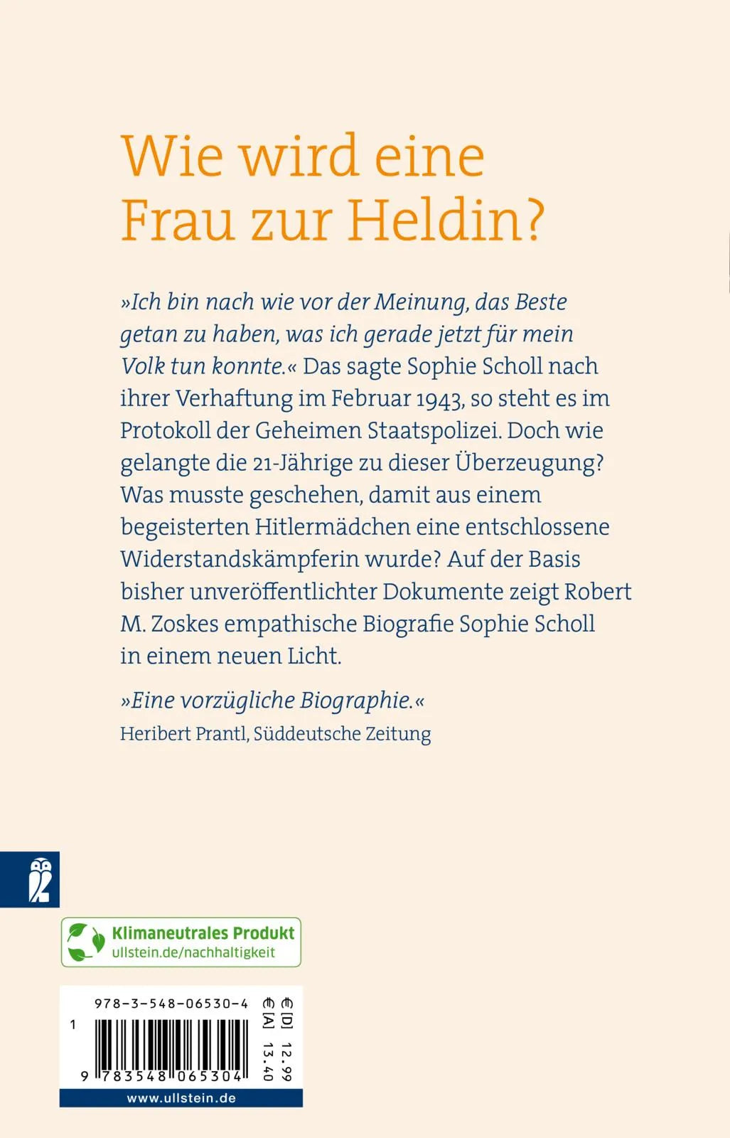Buchrückseite von 'Sophie Scholl: Es reut mich nichts' mit Klappentext - Taschenbuch