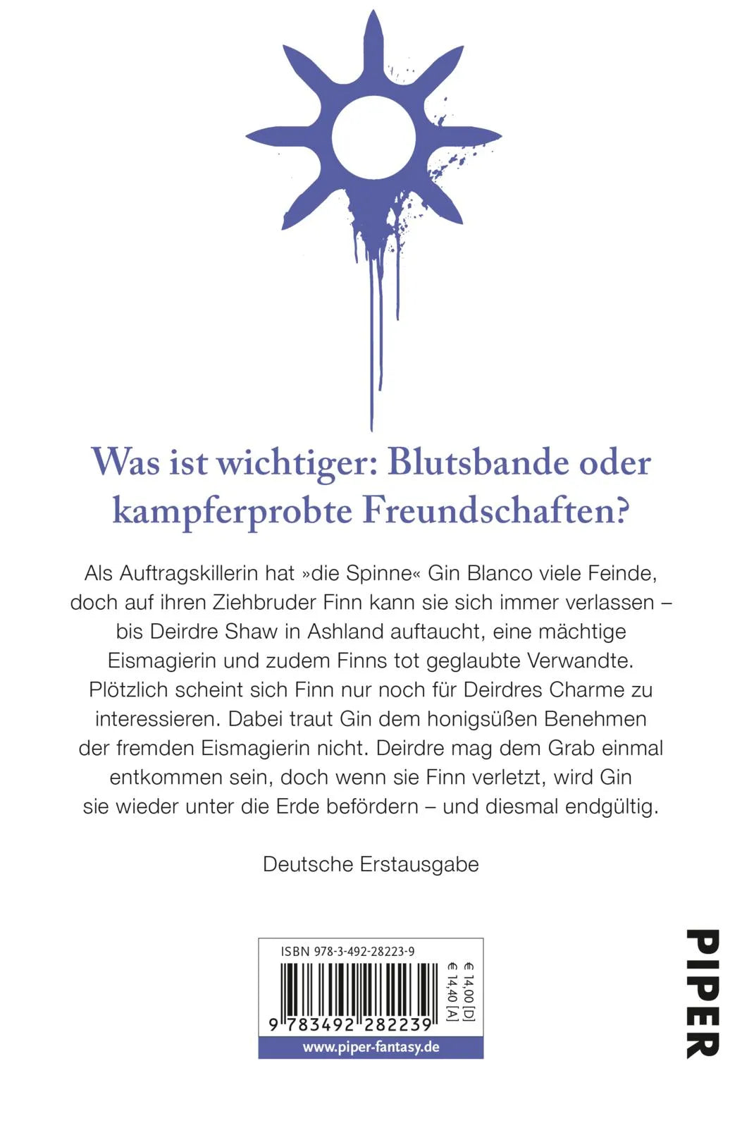 Buchrückseite von 'Spinnenrache' mit Klappentext - Taschenbuch