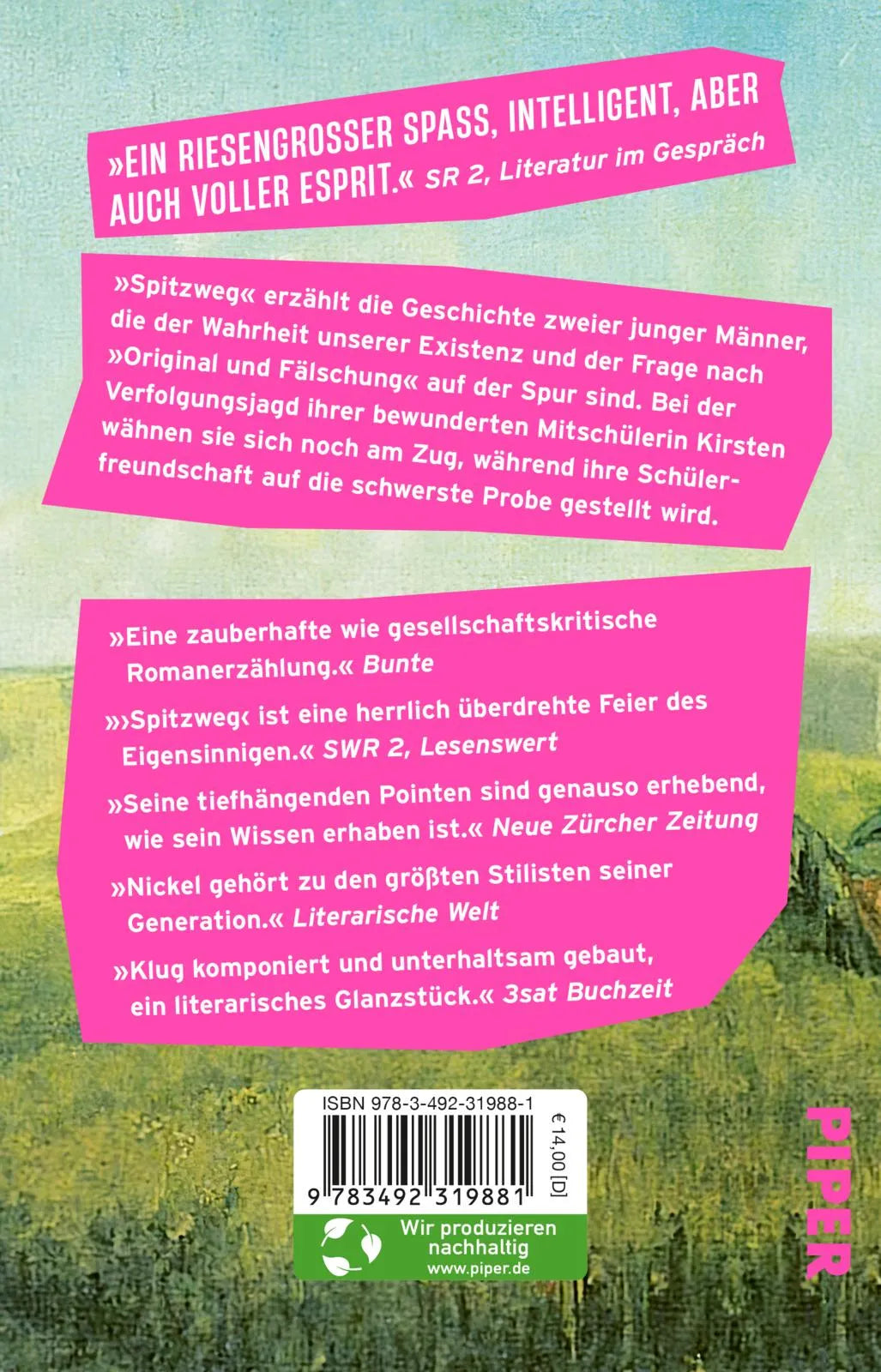 Buchrückseite von 'Spitzweg' mit Klappentext - Taschenbuch
