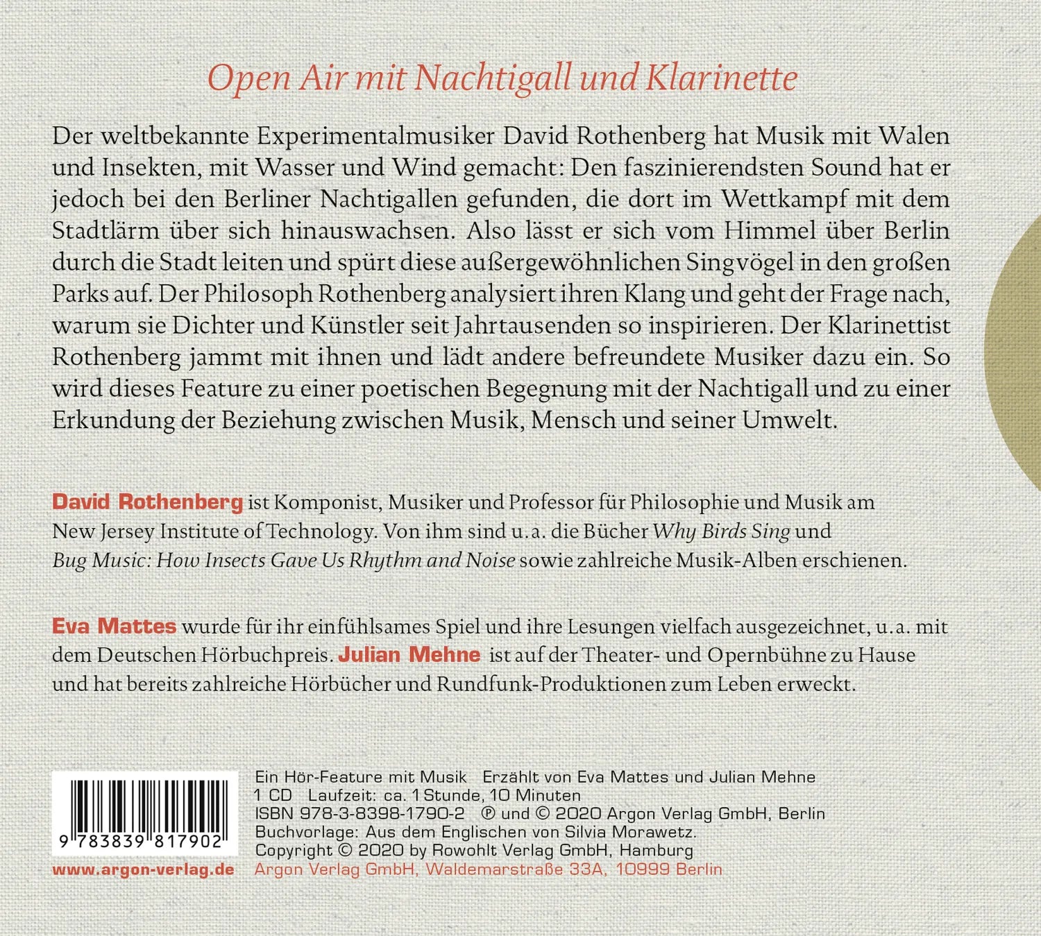 Buchrückseite von 'Stadt der Nachtigallen' mit Klappentext - Hörbuch (CD)