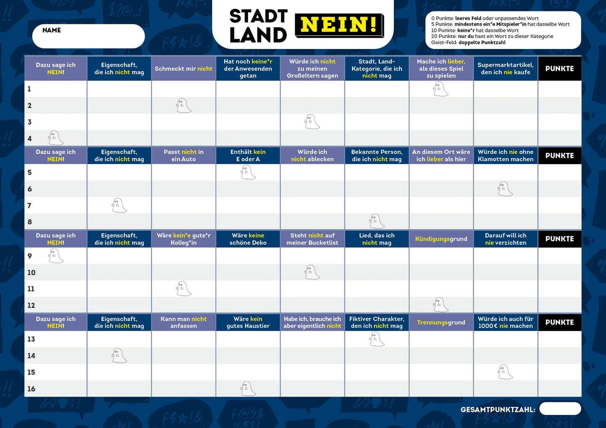 Stadt, Land, NEIN! – Der Spieleklassiker für Pessimist*innen und alle, die eigentlich keinen Bock haben – Ansicht