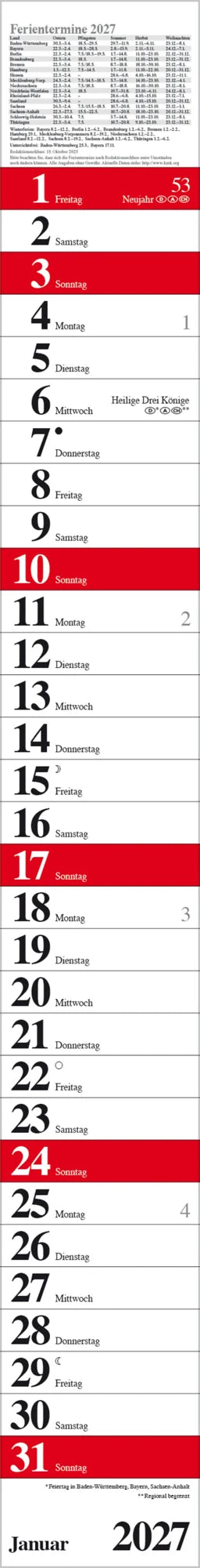 Wandkalender: Streifenplaner Praktika Rot 2027