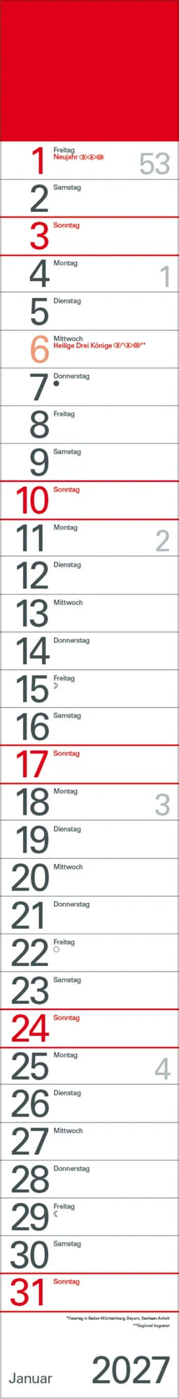 Wandkalender: Streifenplaner Rot 2027