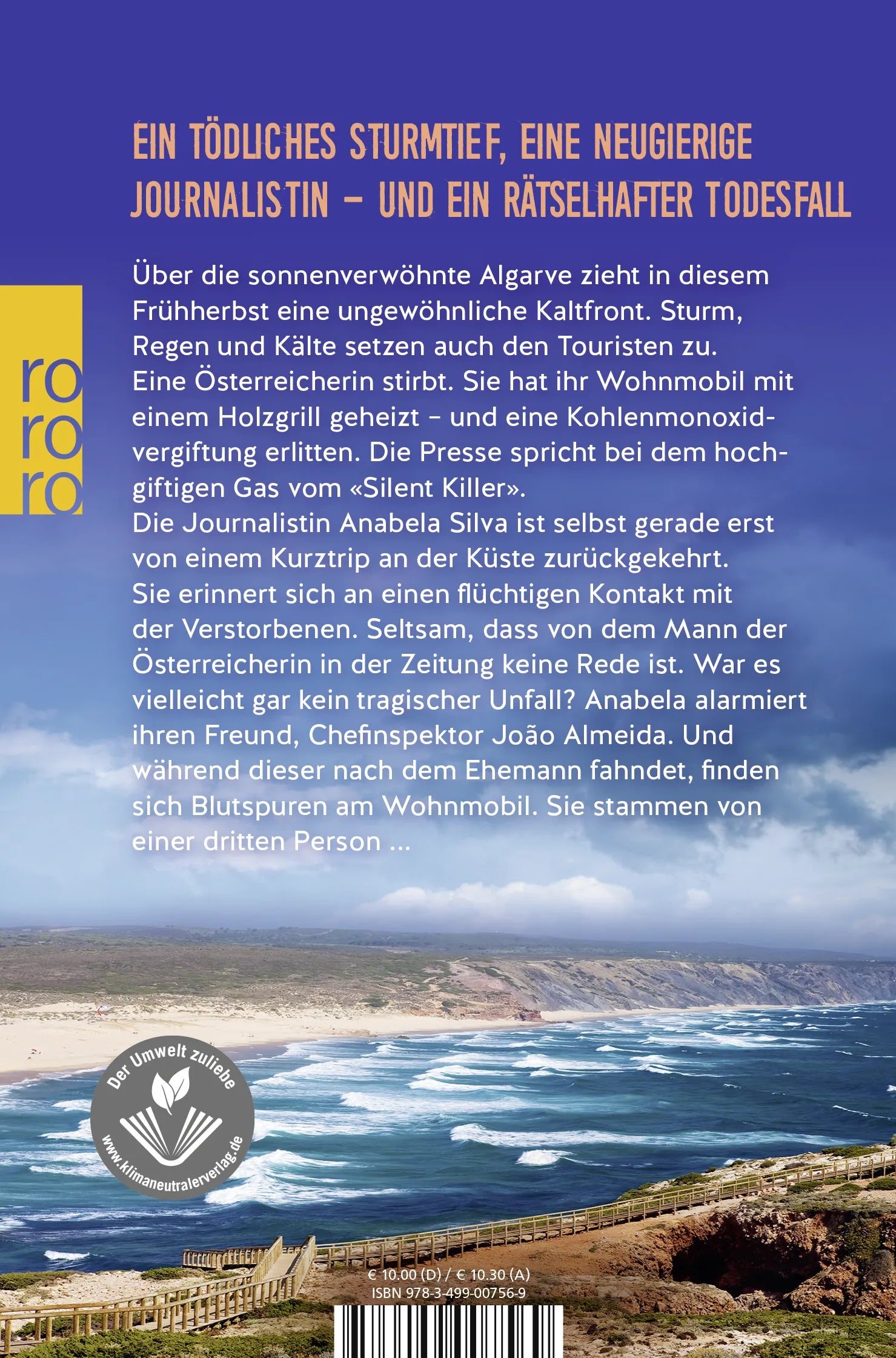 Buchrückseite von 'Stürmische Algarve' mit Klappentext - Taschenbuch
