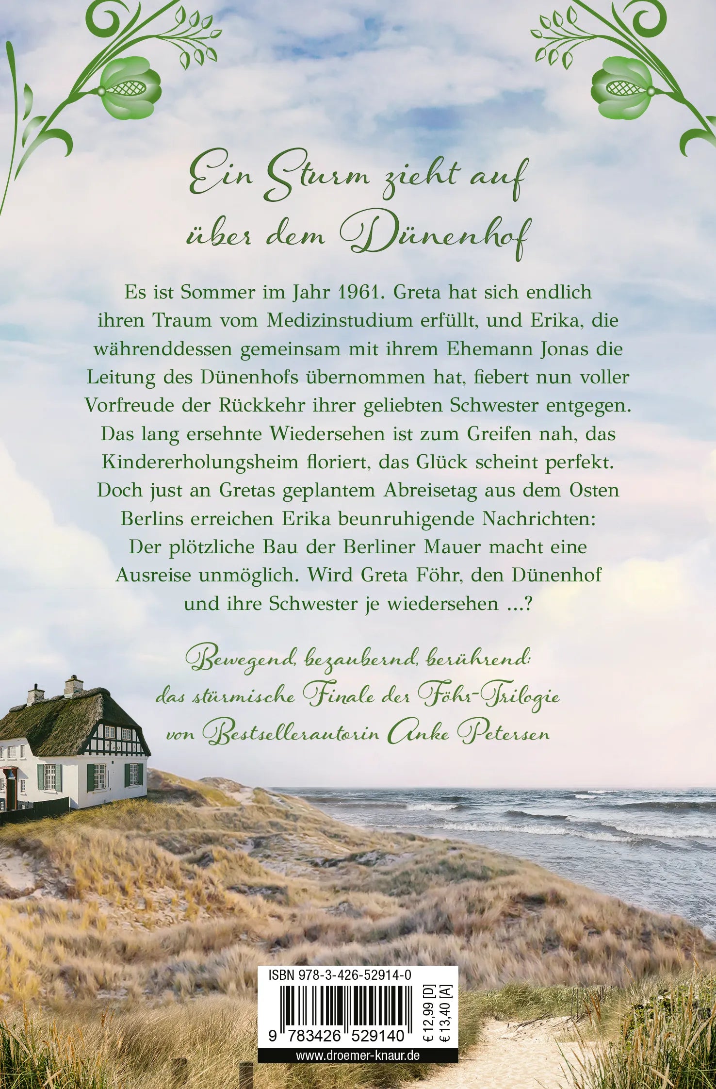 Buchrückseite von 'Stürmische Zeiten auf dem Dünenhof' mit Klappentext - Taschenbuch